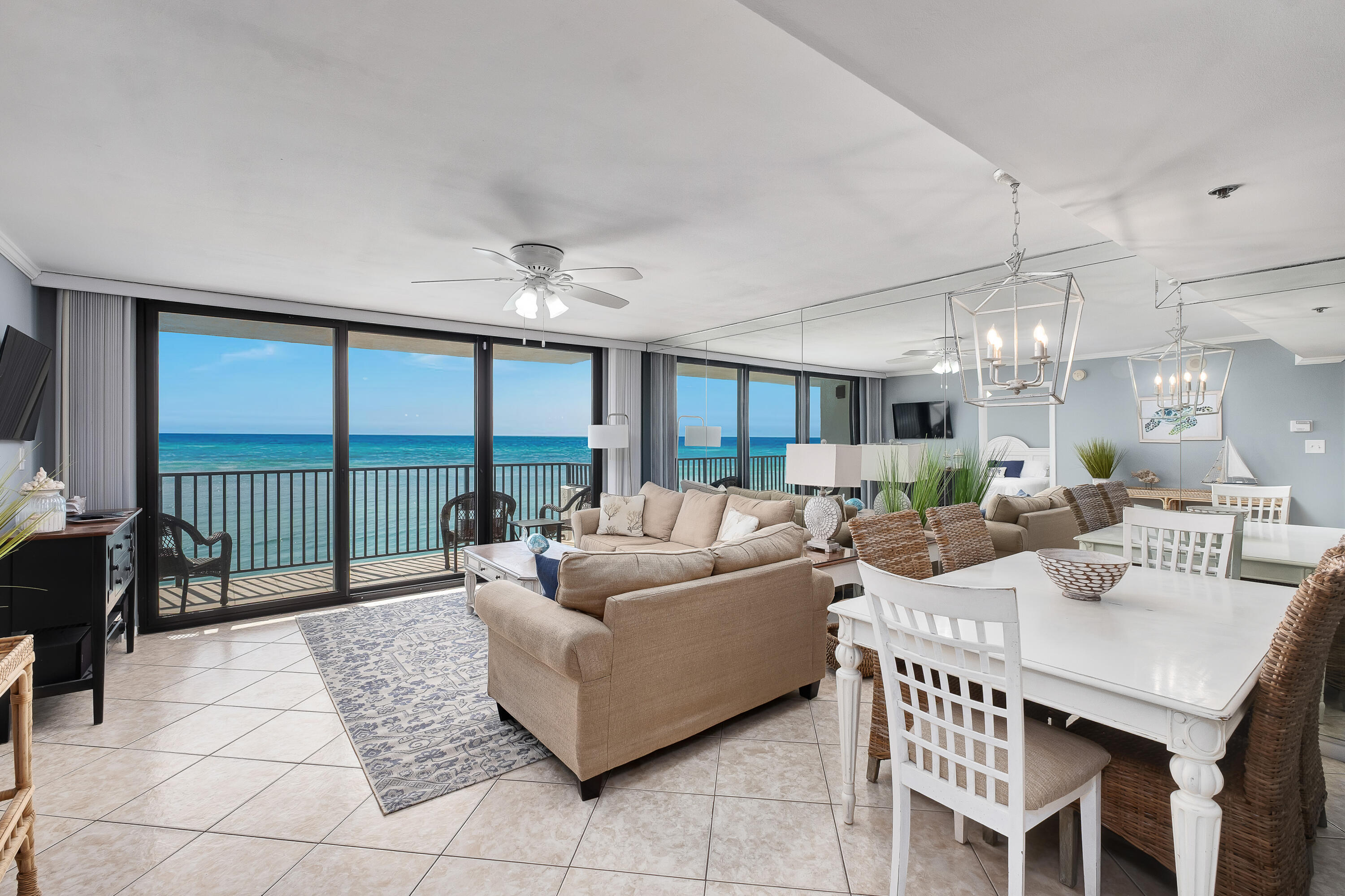 Welcome to Unit 902 at One Seagrove Place, a stunning 2-bedroom, 2-bathroom condo on the 9th floor, uniquely positioned within the building to offer unbeatable 180-degree views of the Gulf of Mexico. This beautifully renovated unit (completed in March 2019) has been meticulously maintained by the owners, rendering it one of the nicest condos in the One Seagrove Place complex. 

The complex itself is the tallest building and the only high-rise along the entire 30A corridor, a stature that enables its inhabitants to experience peerless views of the Gulf's famous Emerald waters.

Step inside to a spacious, open-concept living area featuring a gourmet kitchen with granite countertops, a stylish grey-blue tile backsplash, and brand-new stainless steel Whirlpool appliances.