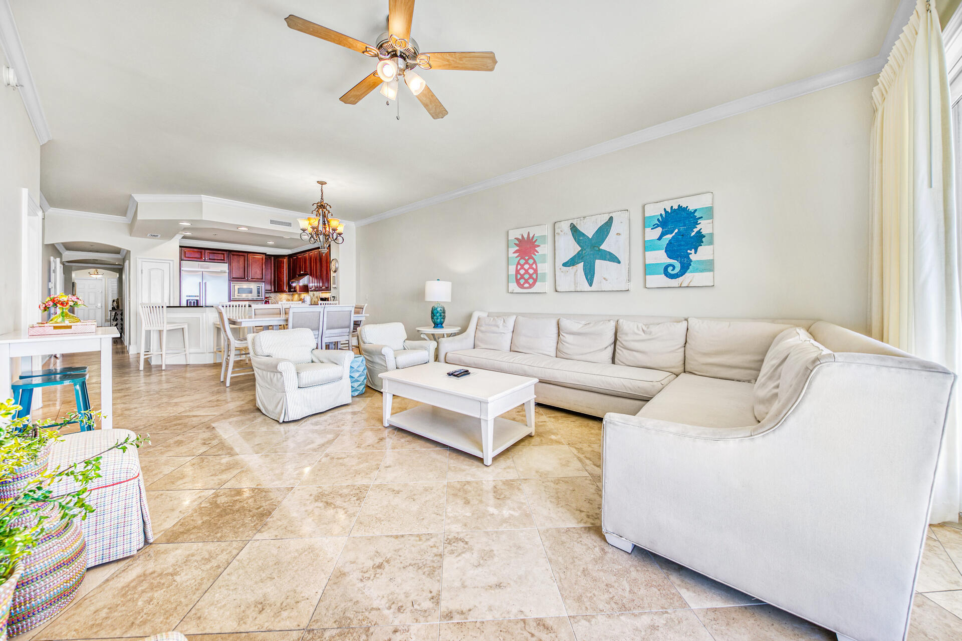 Deluxe fourth floor, 4 bedroom and 3 bath is situated perfectly on the top floor unit at the prestigious property of Adagio! Greater than 2,200 square feet of seaside extravagance with a toes-in-the-sand locality on the renowned beaches of 30A. This beautifully laid out condo is one of a kind, which is optimum for a primary, second home or vacation rental. Main features include a full master suite, double vanity, full size laundry room, travertine throughout main living areas, crown moulding accents, a gourmet kitchen that has granite countertops, gas stove, and Viking appliances. Enjoy an expansive balcony which offers the best Gulf views, breezes, and sunsets from all angles. Come enjoy this gated gulf front community which features: a gym, community room, hot tubs, two resort style pools, one which is a heated infinity edge and the other is 8,000 sq ft for all to enjoy!
