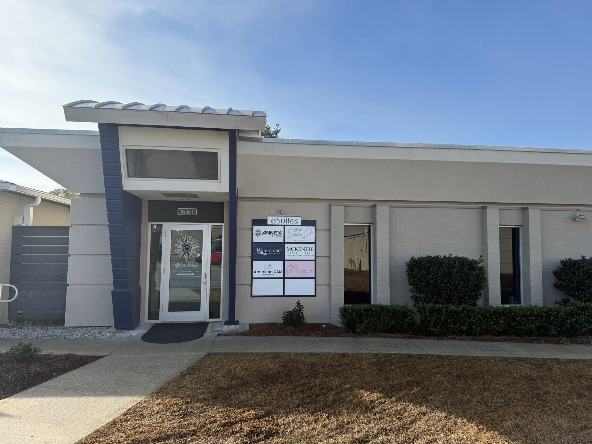 Professional Business Suite available in the 4 9th Ave Business Complex in Shalimar. eSuites offers private suites with secure digital keypad access, free high-speed Wi-Fi, shared restrooms and kitchenette, and prominent signage featuring tenant's name at the building entrance. Rent also includes power, water, sewage, and trash. Month-2-Month lease options available.