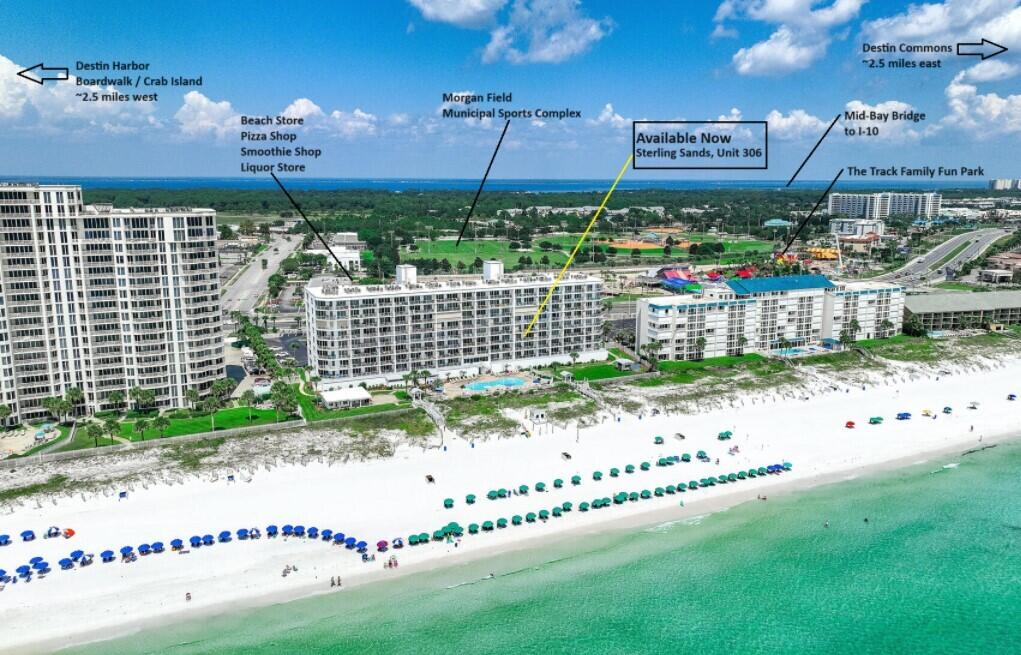 NO SPECIAL ASSESSMENTS!  SPACIOUS GULF-FRONT CONDO | SOLID CONCRETE CONSTRUCTION | ASSIGNED GARAGE PARKING.  If you're looking for a well-built, quiet beachfront retreat STEPS TO THE BEACH, UNOBSTRUCTED GULF VIEWS, this is it! Located in the highly sought-after Sterling Sands, this spacious 2-BEDROOM, 2-BATH CONDO offers 1,200 SF of living space—nearly 40% LARGER than many other 2-bedroom units. One of the rare perks? An assigned garage parking spot, providing security, convenience, and protection from the Florida sun.  Enjoy breathtaking Gulf views from both the living area and master bedroom, plus an oversized balcony perfect for relaxing or entertaining. Unlike many high-traffic rental buildings, Sterling Sands offers a peaceful atmosphere, with many owners using their units as second homes. The solid concrete construction ensures durability and soundproofing, making it an ideal escape from the crowds.

Resort-style amenities include a seasonally heated beachfront pool & hot tub, fitness center, BBQ grills, and private gated beach access. This unit comes fully furnished with granite countertops, warm wood cabinetry, a washer/dryer, and more.

Located in the heart of Destin, you're just minutes from premier dining, shopping, and entertainmentbut in a low-density building designed for relaxation. Opportunities like this don't lastschedule your private tour today!