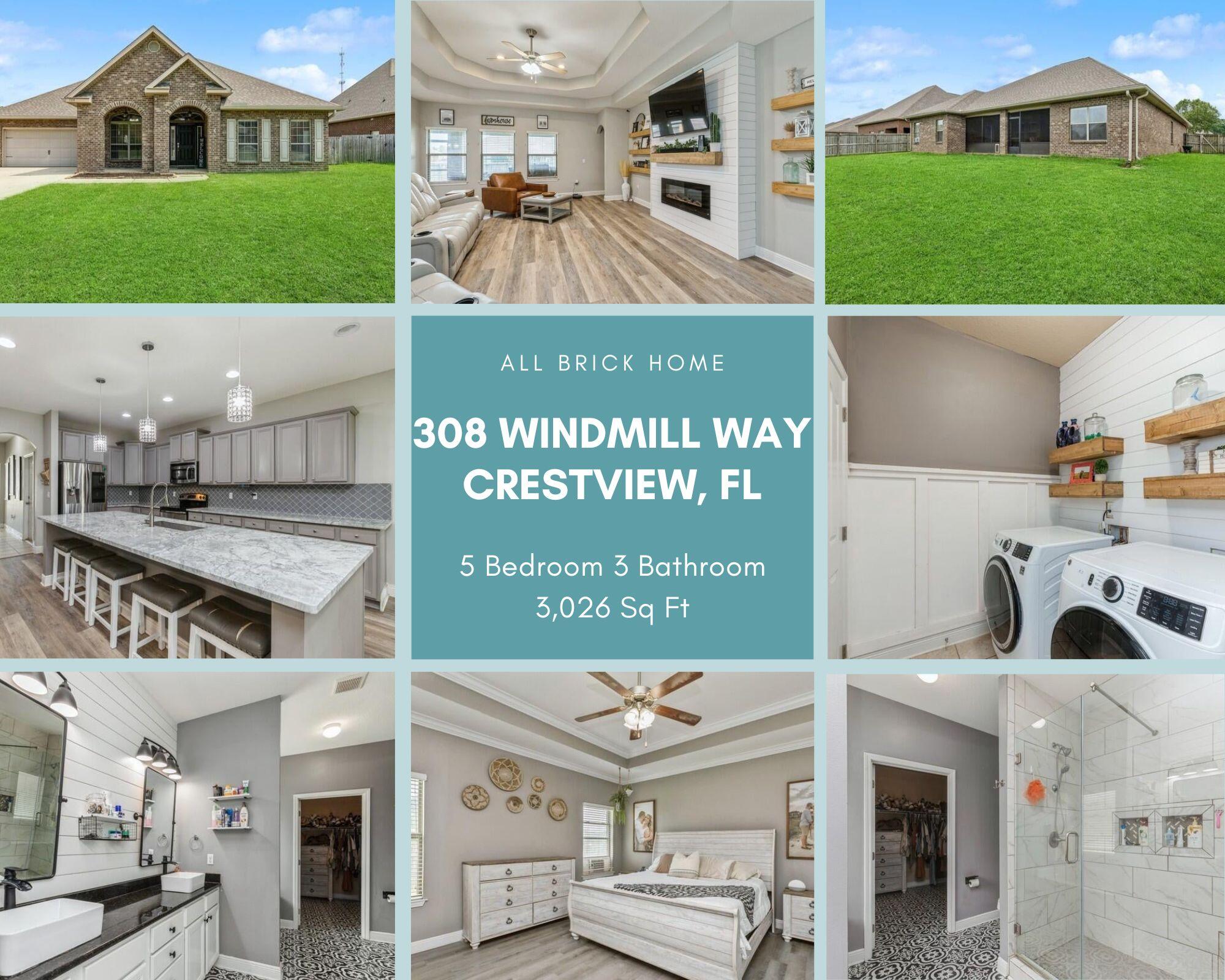 SELLERS WILL PROVIDE A $5k PAINTING ALLOWANCE WITH ACCEPTABLE OFFER...STUNNING 5 bedroom 3 full bath all brick home in central Crestview! This beautifully upgraded LARGE 3026 sq ft home will not disappoint! As you enter the home, you are greeted by long foyer. Off to the left of the foyer is a formal dining room with tray ceiling and crown molding. To the right, you will find a spacious private home office with wooden doors with glass window panes. As you walk through the foyer, you will find a beautiful living room complete with double tray ceiling, LVP flooring, ceiling fan, electric fireplace on shiplap wall with floating wood shelving and triple windows facing the back yard. The open concept living room connects to the upgraded kitchen complete with a massive granite island, tile back splash, granite counter tops, miles of cabinets, and elevated bar. The kitchen offers an eat-in dining area that can also flex as a coffee bar station. As you walk through the kitchen into the second hallway, you will find a large walk-in pantry on the left, a separate indoor laundry room with wainscoting, shiplap, and floating shelves, also on the left, and a door to the 2 car garage on the right. Did I mention 5 bedrooms? Yes!  Bedrooms one and two are located off of a private hallway just off the foyer. These two bedrooms are complete with ceiling fans, 2 door closets, and windows. They share a full bathroom located in the hallway. Bedrooms three and four are located across the home complete with ceiling fans, closets, and windows. These bedrooms are separated by a full bathroom with walk-in tiled shower. The master bedroom is located just past the living room, and offers a tray ceiling with crown molding, LVP flooring, double windows, and a door leading to the porch with blinds in the glass. The master suite has been upgraded with new granite counter tops, shiplap, decorative tile, tiled shower, separate tub and more. Don't miss out on the HUGE walk-in closet, perfect for the clothing lover. The large screened-in porch offers plenty of space for entertaining and has a cable TV port. The privacy fenced back yard offers plenty of room for your pets, family, or guests to enjoy. The home also offers blinds on all windows, gutters around the entire house, a two car garage with pulldown stairs and auto door opener. The drive has been extended and allows 6 cars to park with ease. This home is a rare find with MANY EXTRAS. Don't miss out on your opportunity to call this home your very own. Schedule your showing today!