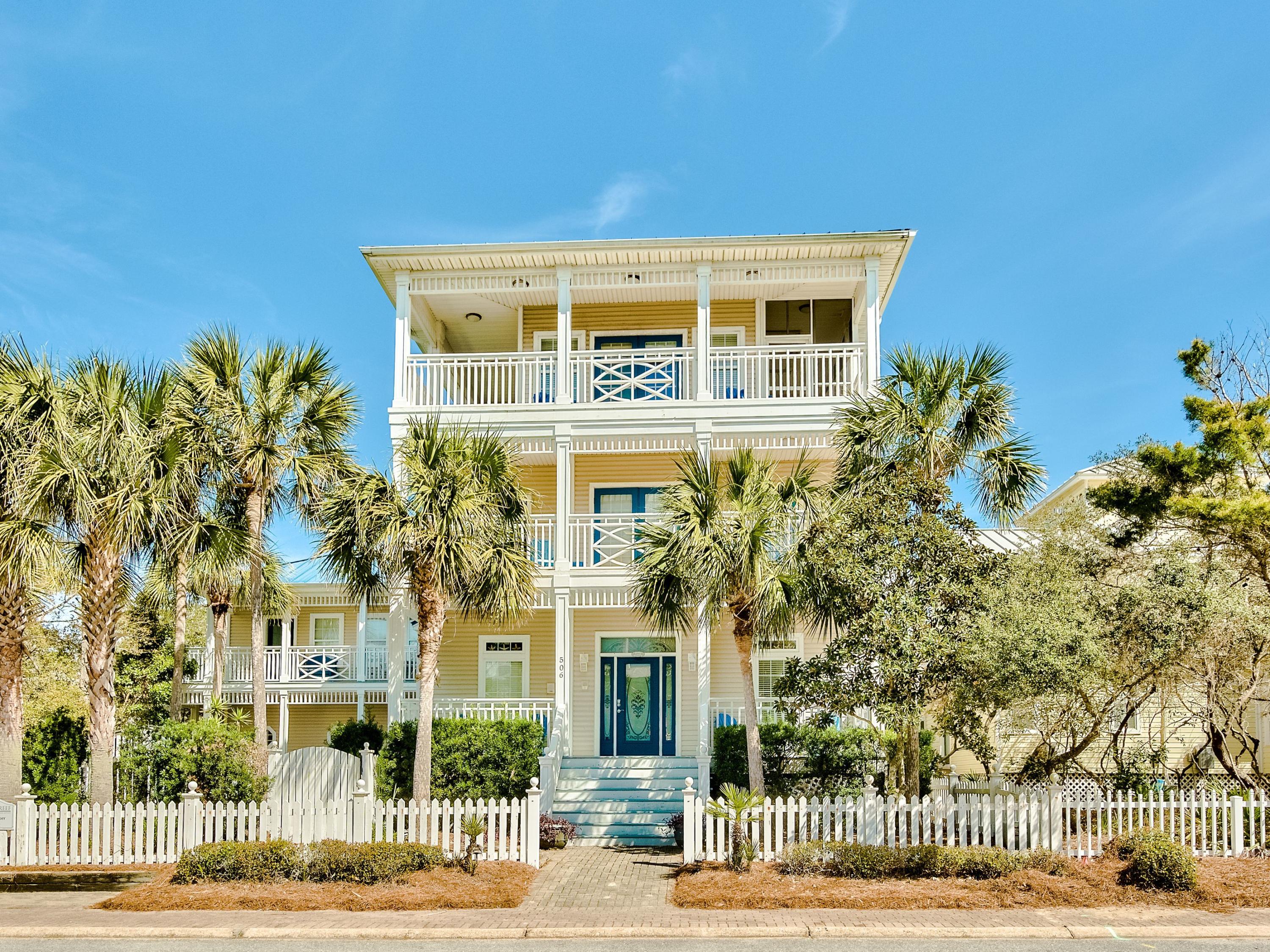 Grand Florida cottage in the gated community of Old Florida Beach with a private heated pool on an over-sized lot. Incredible views, just steps to the beach walkover and a short stroll to Draper Lake. Over the 2 car garage you'll find a 1 bedroom plus bunk room guest quarters with a full kitchen, W/D and private balcony.  Great rental potential. Old Florida Beach is a gated community with heated community pool, 3 private beach access and a dock on Draper Lake.