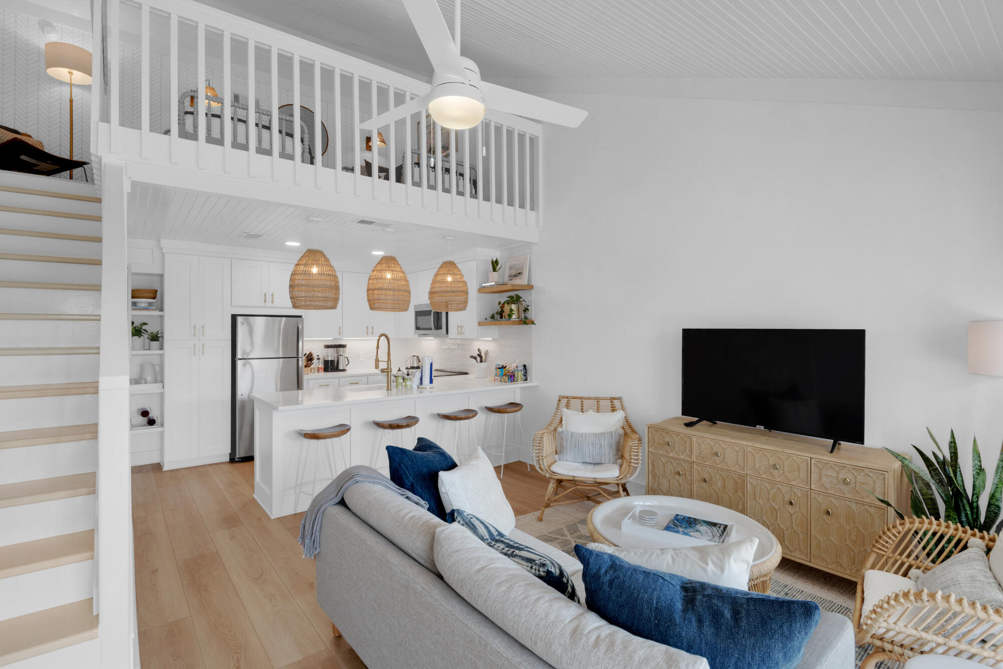 Fully renovated one-bedroom plus a loft, one-bath condo with proven rental history ($80k+) in Palms North on 30A. Features include vaulted ceilings, an open layout, and a screened-in porch. Enjoy deeded beach access directly across the street. The primary suite offers a king bed, en-suite bath, and large closet. The guest bedroom currently has two twin beds with access to a full hall bath. Great community amenities such as a large pool, shuffleboard court, and grilling area. Ideal as a second home or investment property.