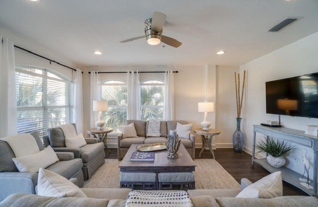Step inside this updated THIRD floor, open concept, 1944 sq ft,3 bedroom condominium in the coastal community of Villas at Seacrest Beach! You will find an exquisite, gourmet kitchen complimented with the most beautiful oversized island & stainless steel appliances. This condo is your ultimate beach paradise, furnished throughout with the most clean contemporary style and charm. All bedrooms are roomy, allowing plenty of sleeping room for guests. The wide-open master king bedroom, offers a large closet & master bath, two vanities, a whirlpool bathtub, and new quartz counters! Relax on the extra large, over 100 sq ft patio, or take a dip in the 1200 sq ft lagoon style pool!