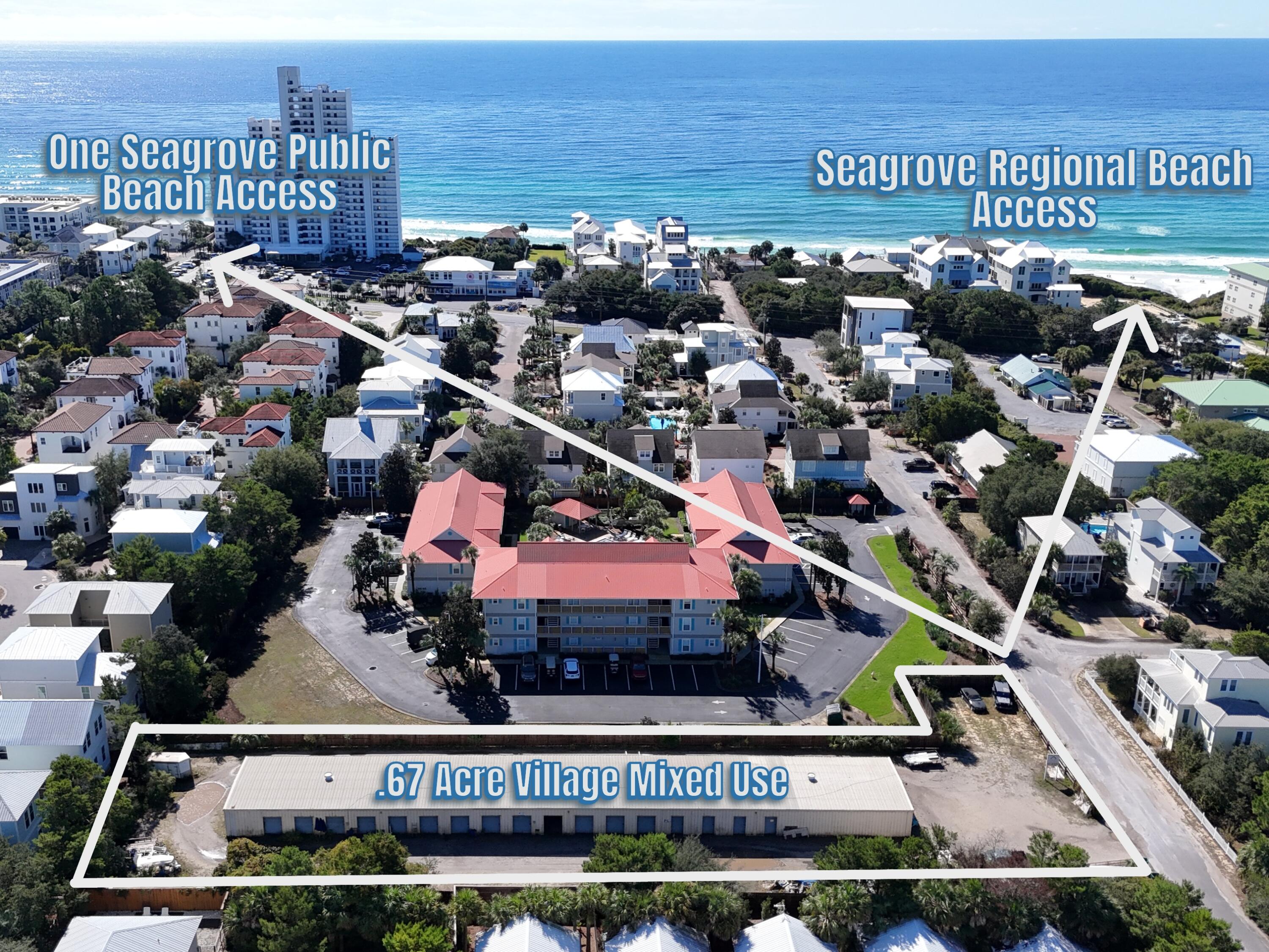 One of the last best opportunities to do a mixed use development in Seagrove. Currently operating as a self storage facility and zoned Village Mixed Use. Ideal for redevelopment into either residential and/or commercial. Two blocks to the New Seagrove Regional Beach Access with restrooms, handicap access, parking, and drop off area. Approximately .67 acres. Buyer to verify dimensions, square footage, and allowable usages.