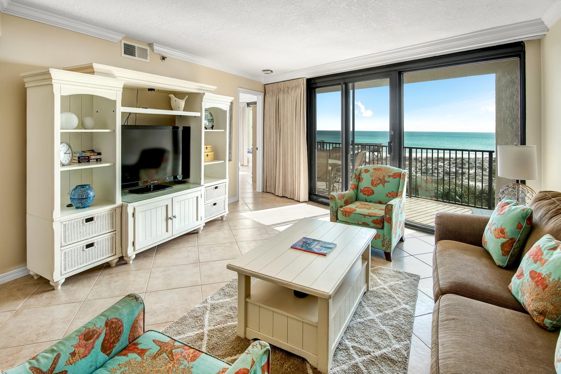 Unless you are an artist, leave your paint brushes behind for this freshly painted, perfectly located beachfront condo. The view across sand dunes to the beach and horizon beyond is mesmerizing from the open living-dining space and elegant master bedroom. You can see the emerald green Gulf of Mexico waters from the kitchen over the breakfast counter. Crown molding, granite counters, stainless steel appliances and tile and glass backsplash create a contemporary quality in the kitchen. The balcony feels like being in a nest to savor the sunrise every morning. Bathrooms have granite counters and combinations of tile and glass for a fresh modern feel. The large community pool, hot tub and fitness center are just the beginning of luxury amenities in Beachside One. Activities range from tennis, golf and basketball courts to a putt putt course and marina. The Village of Baytowne Wharf offers wonderful shopping, a couple dozen restaurants and coffee shops and exciting entertainment year round. That said, the captivating view from this immaculate condo might preclude your wanting to go anywhere. But, if you do, it will be here when you return. There's no place like home - with a view like this one. Especially if you are an artist.