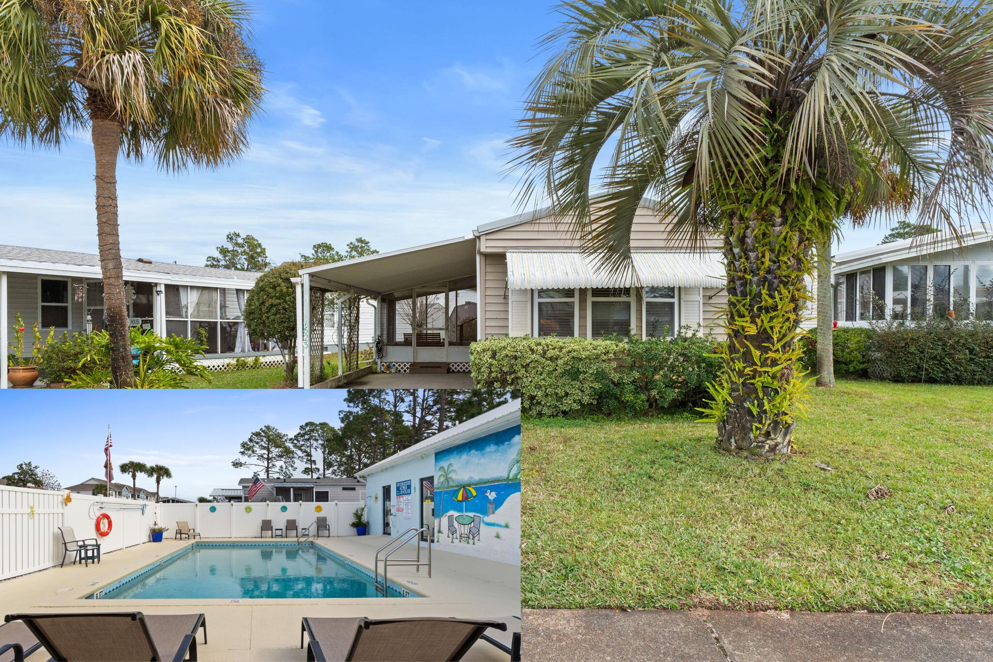 Price Improvement - Now $161,500!
Enjoy easy, relaxed living in the 55+ community of Greenwood Acres in Panama City Beach. This 3BR/2BA home offers a bright, comfortable layout and a welcoming sunroom entry (not included in heated/cooled square footage), perfect for morning coffee or quiet afternoons. Step outside to your deck or unwind under the attached carport, with added storage for convenience. Major updates include metal roof (2017), windows (2017), and central AC/heat pump (2022). HOA covers water, sewer, garbage, lawn care, Wi-Fi/TV, plus pool, clubhouse, and boat/RV storage. Just minutes to shopping, dining, golf, and the beach lifestyle.