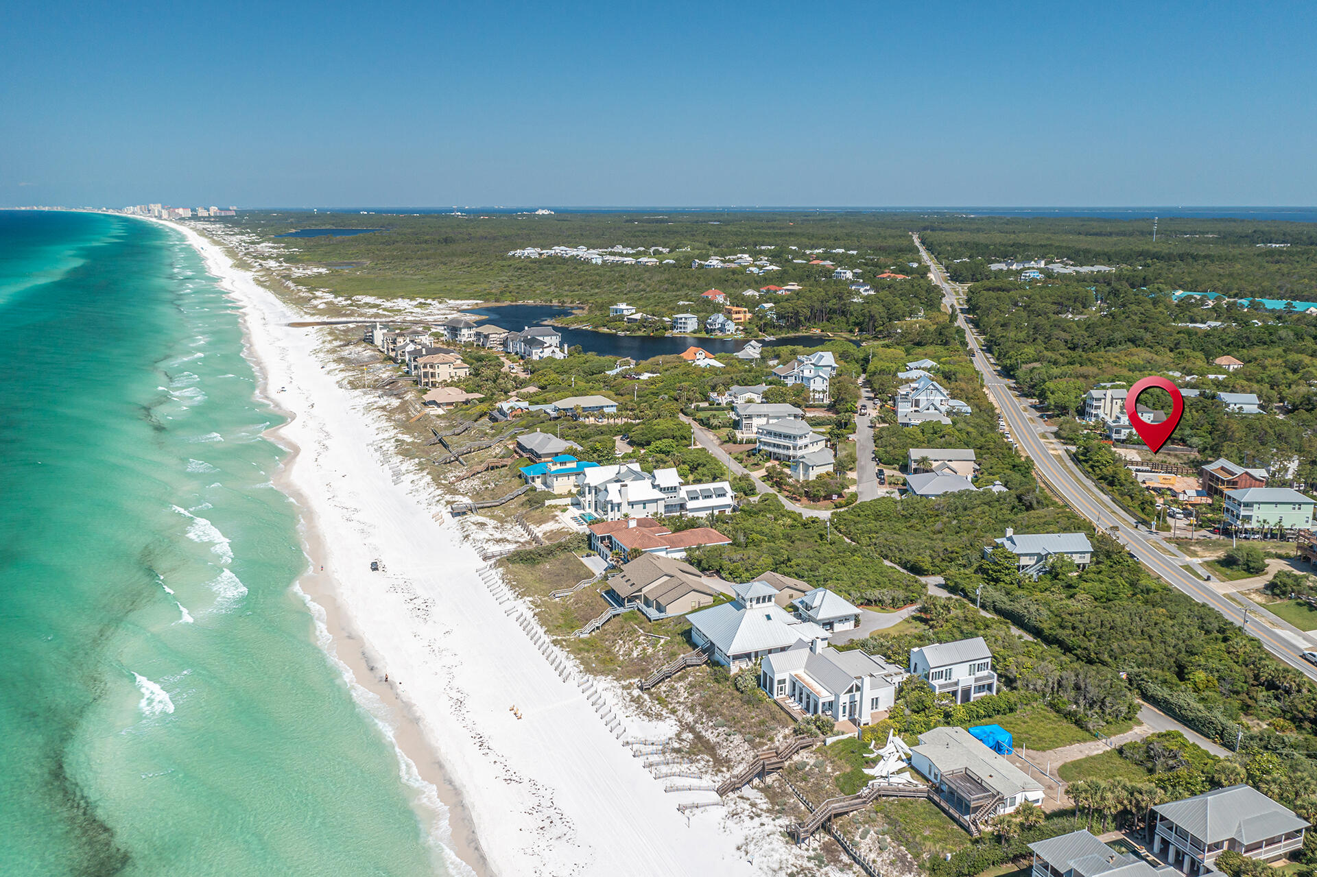 Perfectly positioned lot directly on Hwy 30A.  This incredible piece of property is primed and ready for a beach home with beautiful gulf views!  Currently, there are plans in place for the build of a 6,100 sqft home. The house plans will convey with the sale of the property. Call today for additional information!