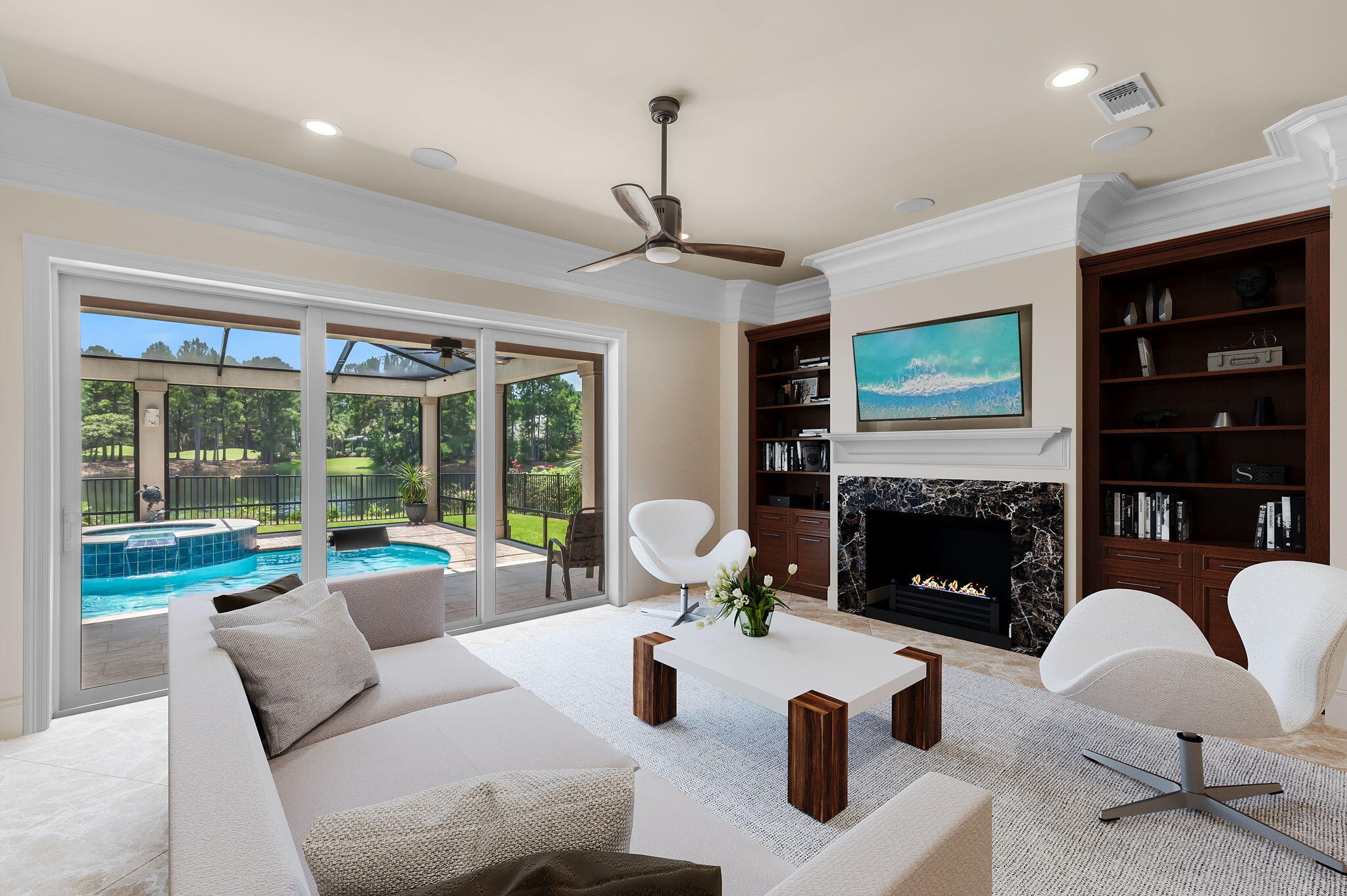 Sitting on a generous 0.34-acre lot, this gorgeous Tuscan-inspired residence offers an incredible resort lifestyle at Sandestin Golf and Beach Resort. Offered for sale by its original owners, this custom home has amazing views across the screened pool and spa to the serene lake and mature trees lining Burnt Pine Golf Course. Safely tucked away behind the No. 7 tee, there is no chance of this prestigious home being hit by errant golf balls. Offering an amazing indoor-outdoor lifestyle, this exceptional energy-efficient home was built to highly exacting standards utilizing reflective Boral roof tiles and solar panels that sell excess power back to the grid. The stunning saltwater pool benefits from a solar cover and an ozonator, reducing the need for chlorine. Nearby, the enviable summer kitchen stands ready with a gas barbecue, refrigerator, TV and stone feature fireplace. From the elegant sitting room, two 12-ft. sliding doors open onto a magnificent 2,000-sq.ft. entertainment area. It's the perfect space for hosting large parties. More intimate events can be enjoyed on the second floor where two sets of double doors open onto the massive balcony with elevated views of the golf course and lake at sunset. Hosts have everything at their fingertips in the fully equipped chef's kitchen. There's a JennAir convection oven, separate steam oven, drawer microwave, ice maker and an induction cooktop along with a plethora of integrated Energy Star-rated appliances. The gourmet kitchen also boasts a walk-in butler's pantry on one side and a central island. An abundance of Cambria quartz countertops and a high-top breakfast bar are designed for large-scale entertaining while the dining area caters for smaller gatherings. After dinner, head into the great room and relax in front of the gas fireplace. When entertaining family and house guests, the floor plan is designed to offer ample privacy. The lavishly appointed master suite is located on the main floor in an entirely separate wing of the home. Boasting a tray ceiling, dual walk-in closets and wood flooring, it opens onto a wraparound porch for peaceful morning views. Cambrian quartz vanities, a fully tiled walk-in shower and a deep garden tub are just some of the highlights of the master bath. Upstairs, three beautiful guest bedrooms all have private baths giving everyone their privacy and space. After a fun-packed day at the golf course, beach or shops, relax and watch TV in the living room or from the outdoor seating area. Both have 55-inch TVs with the added benefit of built-in speakers in the living room ceiling. The state-of-the-art media room offers the ultimate experience for watching movies and sports on the 75-inch screen along with six built-in speakers and a sub-woofer. Built by Boswell Builders in 2017, this outstanding home includes superior hurricane-resistant windows, highly efficient insulation, LED lighting, remote Silhouette blinds and a hybrid hot water system to combine energy efficiency with comfort and luxury. Thoughtful extras include wheelchair-friendly doors throughout the first floor. Set within the gates of the exclusive Burnt Pine community, the home comes with a generous three-car garage that also has space for a golf cart. A permanent staircase leads to the generous 400-ft space. Currently used as storage, it could easily be developed as a hobby room or carriage house. This one-of-a-kind home opens the door to all the amenities of Sandestin Golf and Beach Resort including Baytowne Wharf dining, watersports, a marina, championship golf courses, tennis, boutique shopping, beach access and more.