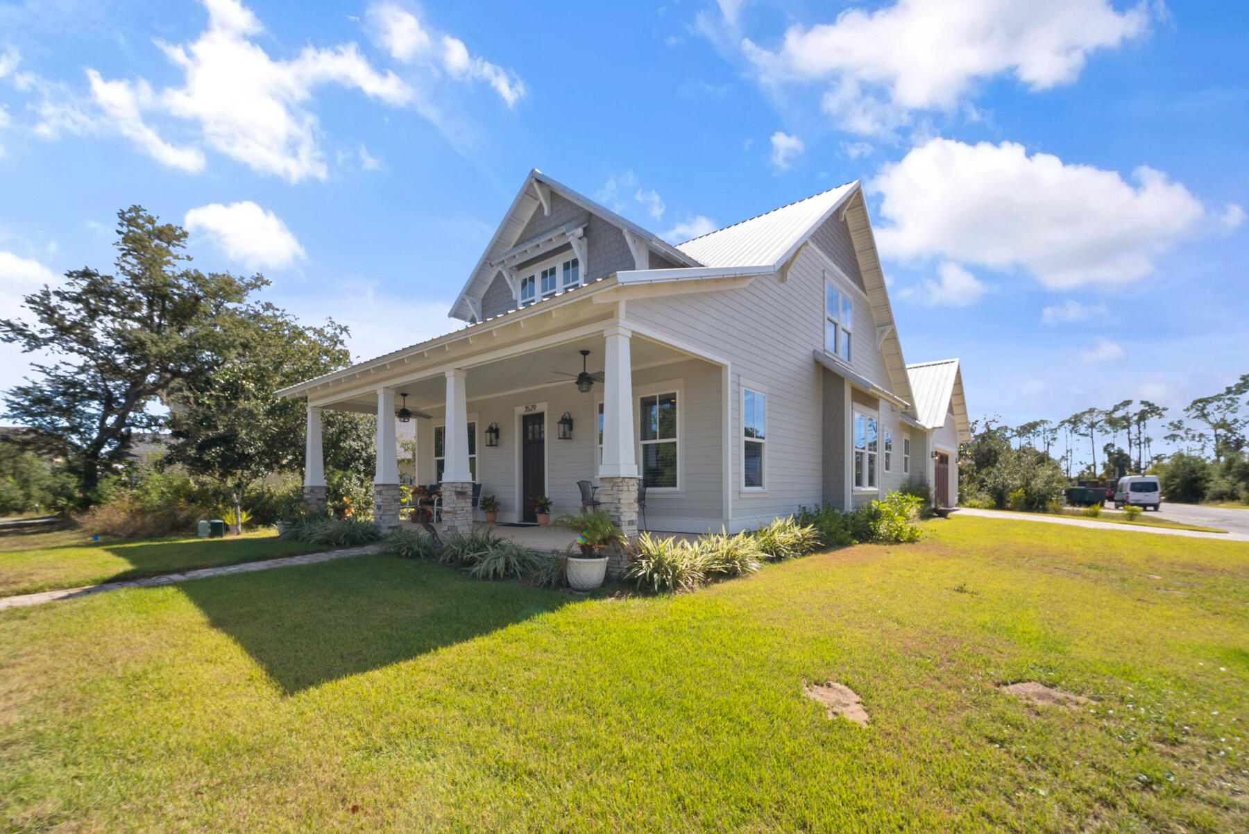 This newer construction 4 bed, 3 bath home with 2 car garage built by Koehnemann construction on a corner lot in the gated community of Sanctuary Beach is now available for sale! You will love this area for the privacy and location away from the hustle and bustle of the beach with a large community pool and access to the St. Andrews Bay to launch kayaks and paddle boards right outside the community gate! Entering the home from the large front porch, you'll appreciate the wide open floor plan with gorgeous white kitchen cabinets, stainless steel appliances, gas stove, beautiful vinyl plank flooring, and large master bedroom with private entry to the screened in private back porch. The master bedroom has a master en suite bathroom that has a very large walk-in closet, private water closet, and walk-in shower with dual vanities. The laundry room is conveniently located right off the master bedroom area. There's an additional 470 sq feet of heated and cooled additional indoor storage as well that could be used as an additional living area, an additional bedroom, or theater room. The exterior of this home is hardy plank vinyl with craftsman style details and stone paver driveway. There is an additional lot that can be purchased next door as well for added privacy. The property appraisers' site has this property listed incorrectly as a 3 bedroom and a lot smaller square footage so be sure and check the documents for the builders plans as well as have your Realtor figure in the additional square footage and bedroom for pricing/comp purposes. All measurements are approximate and must be verified if important.