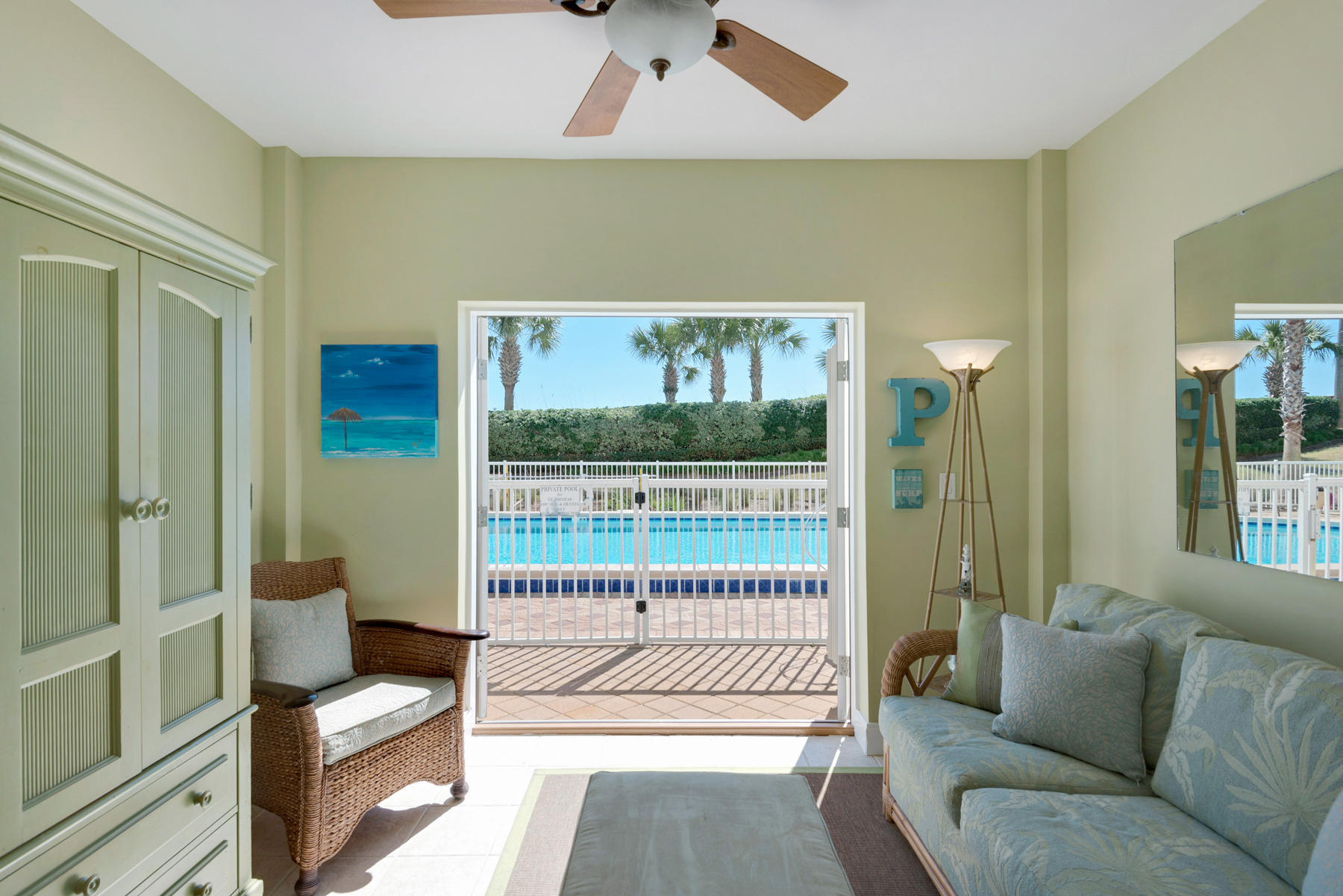 This is a poolside cabana for day use only. You must own a condo at Silver Shells in order to purchase a cabana. One of the very few Cabanas with a FULL bath including a walk-in shower. Most cabanas just have a half bath. Beautifully decorated and it comes with a mini fridge and microwave. Located directly in front of the St. Thomas pool with easy beach and pool access.