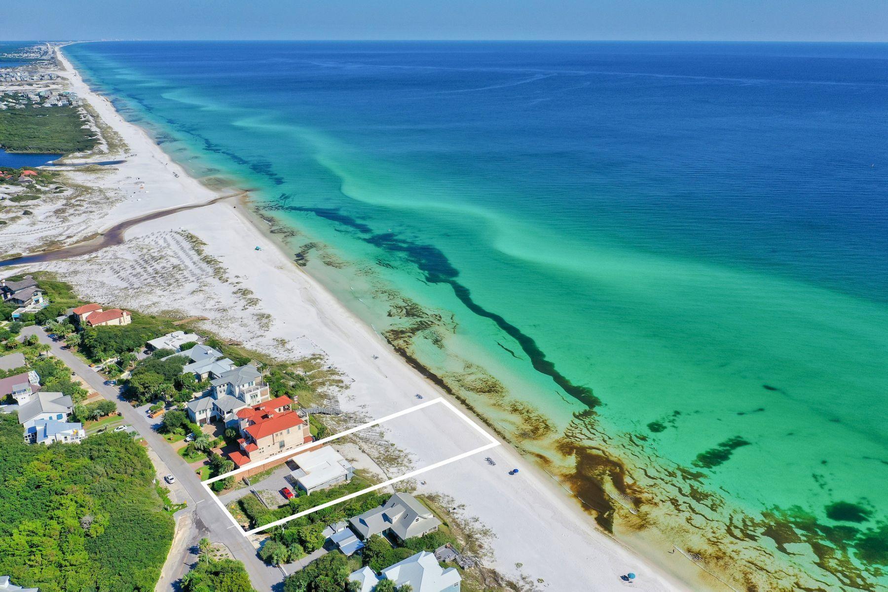 Prime legacy building site yielding approximately 75' x 253' directly on the beach perched at an impressive elevation presiding over unparalleled gulf vistas located on the coveted east side of Blue Mountain Beach Road along Scenic Highway 30A. This highly sought after location is one of the most opportunistic on 30A with an exceptional site layout to yield a spectacular finished product complete with underground power (no power lines) and a 50' vertical heigh limit situated on 80 linear feet of pristine white sand beach on the Gulf of Mexico. This premium site has a seawall currently intact and a small block beach house complete with 4 bedrooms, two living rooms and a carport that could provide temporary use while designing a permanent residence. Blue Mountain Beach Road is adjacent to Big Redfish Lake and within excellent proximity to central 30A including Seaside, Watercolor and Grayton Beach offering ample privacy & seclusion yet quick access to world class shopping, dining and local entertainment.