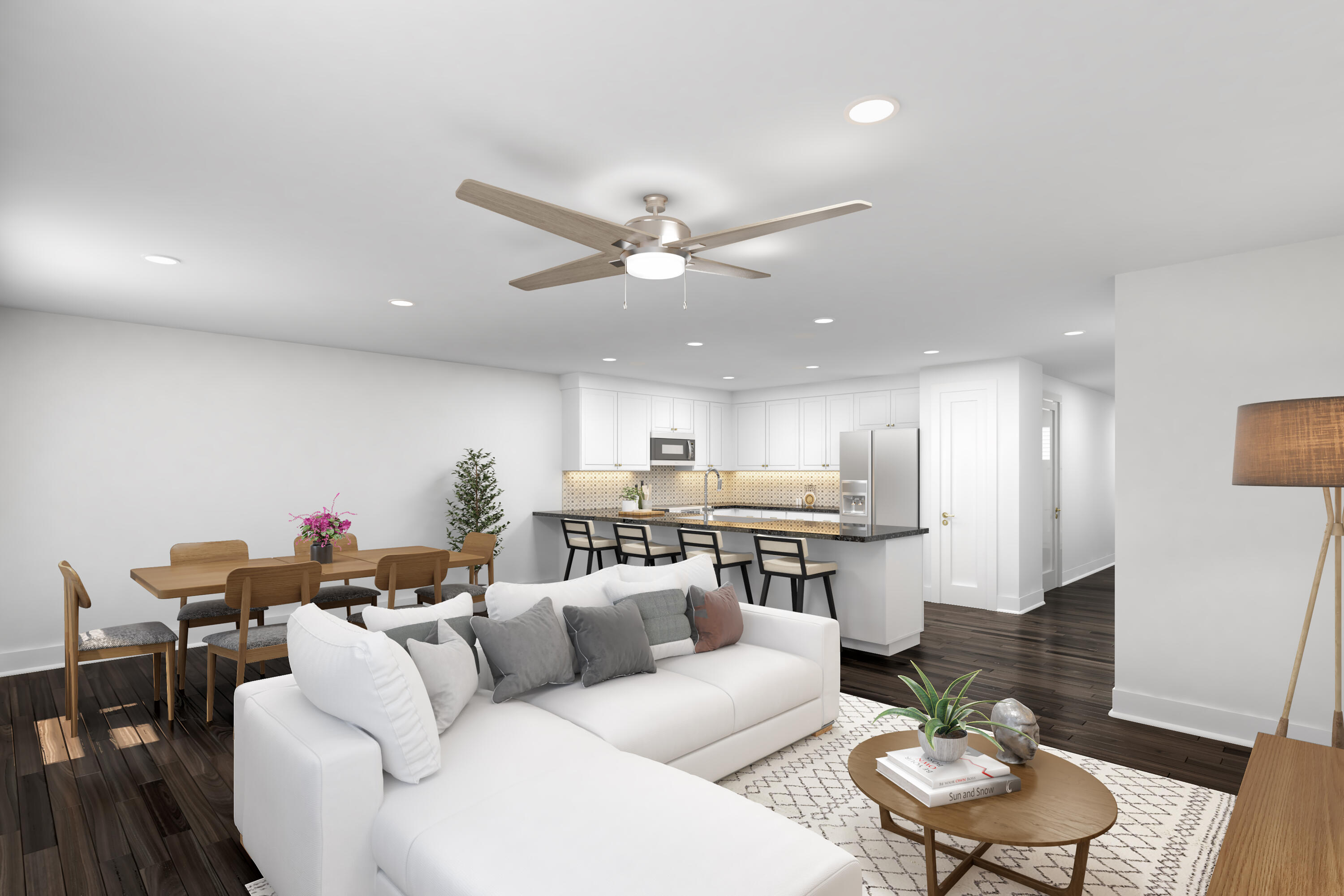 New Construction & Ready to Move In! Builder is giving $10,000 ANYWAY MONEY which makes this a $0 move in if used towards closing costs! Use this money towards an Interest Rate Buy Down, closing costs, and/or washer & dryer!  INTERIOR UNIT in an 8-unit building.  Luxury Vinyl Plank in living areas & baths. Carpet on stairs & in bedrooms. As you enter, stairs lead  to 4 bedrooms, full guest bath, on-suite bath for primary & upstairs convenient laundry room. Downstairs hallway leads to ½ bath, kitchen w/ breakfast peninsula & Upgraded Stainless Appliances such as side by side refrigerator, Self-Cleaning Convection Stove w/ Air Fry, built-in microwave/range hood & dishwasher. Kitchen opens to the living & dining room. Back door leads to privately fenced backyard with a gate on either side