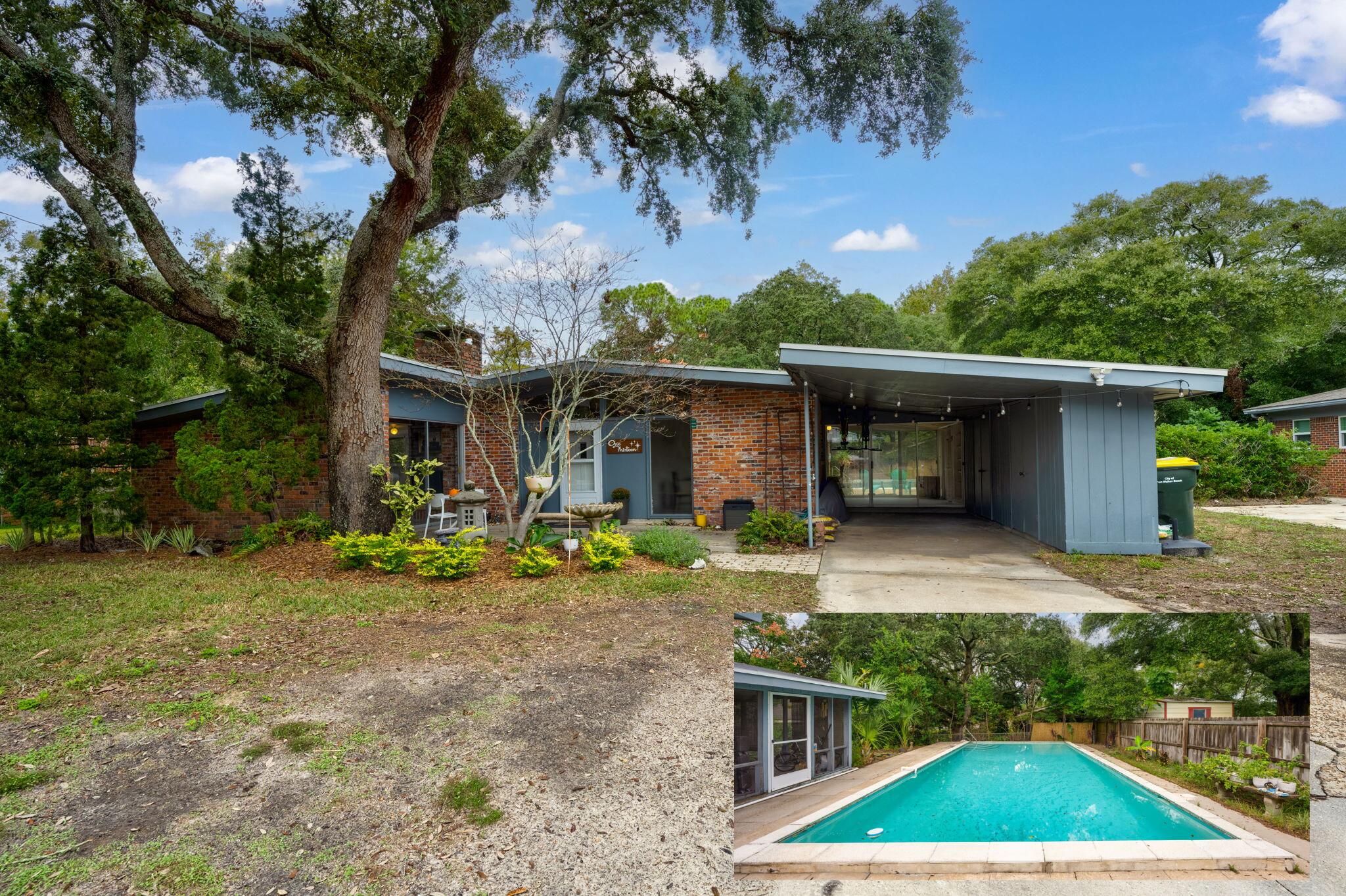 Multiple offers- all offers must be submitted by 5pm Thursday 5/8/25. REDUCED $30k AND Seller offering $15k towards buyers closing costs and/or financing/lender required repairs. Step into the timeless charm of this rare mid-century modern masterpiece, offering a fusion of classic design and contemporary functionality. Nestled on a quiet, low-traffic street, this unique home is distinguished by its striking clerestory windows that flood the interior with natural light, creating a bright, airy ambiance throughout.

Inside, you'll find the mid-century modern allure seamlessly carried through with exposed brick accents and expansive windows overlooking the lush surroundings. The living and dining areas are anchored by a stylish double-sided fireplace, adding warmth and charm to both spaces This spacious home features 3 bedrooms and 3 full bathrooms, each with its own unique character. The primary suite offers a private oasis with vintage-inspired details, while the additional bedrooms provide comfortable, well-lit spaces with terrazzo flooring and large closets. The versatile layout of the home includes extra living space, offering potential for an in-law suite, home office, or fitness room, adding flexibility to suit your lifestyle.

The kitchen is a perfect blend of style and practicality, with Gas stove top, wall oven, stainless steel appliances, tile countertops, and plenty of storage. A pass-through window connects the kitchen to the pool room, making it an entertainer's dream. The pool room with new LVP floors and wood accent ceiling, opening to the backyard, is ideal for hosting poolside gatherings or enjoying a quiet morning by the water. 

The outdoor space is a true retreat, featuring a large Gunite pool that serves as the centerpiece of your private oasis. With 3 patios and a screened porch, there are ample options for relaxation, sunbathing, and entertaining. A mature Japanese maple tree at the front, along with a selection of pollinator-friendly plants, creates a haven for birds and seasonal hummingbirds, adding a touch of nature's beauty right at your doorstep. For added convenience, the home features a large driveway perfect for parking a boat, RV, or recreational toys, as well as a covered carport with extra storage space for outdoor gear, tools, or bikes.

This home also boasts significant updates, including a 2021 roof, an HVAC system with units from 2018 and 2024, and a water heater from 2017, New electrical panel in addition 2018, offering both comfort and peace of mind.

Located in a tranquil neighborhood with a lovely bay breeze most days, this home offers a lifestyle of peace and convenience. With Vesta Heights Park within walking distance and quick access to Eglin Air Force Base and Hurlburt Field, this property is perfectly positioned. Plus, it's just a short drive to the pristine beaches of the Gulf of Mexico and the Santa Rosa Sound, perfect for boating, kayaking, and fishing. Downtown Fort Walton Beach, with its dining, shopping, and entertainment, is also only minutes away.

This mid-century marvel combines vintage charm with modern-day amenities, making it a unique and irresistible find.