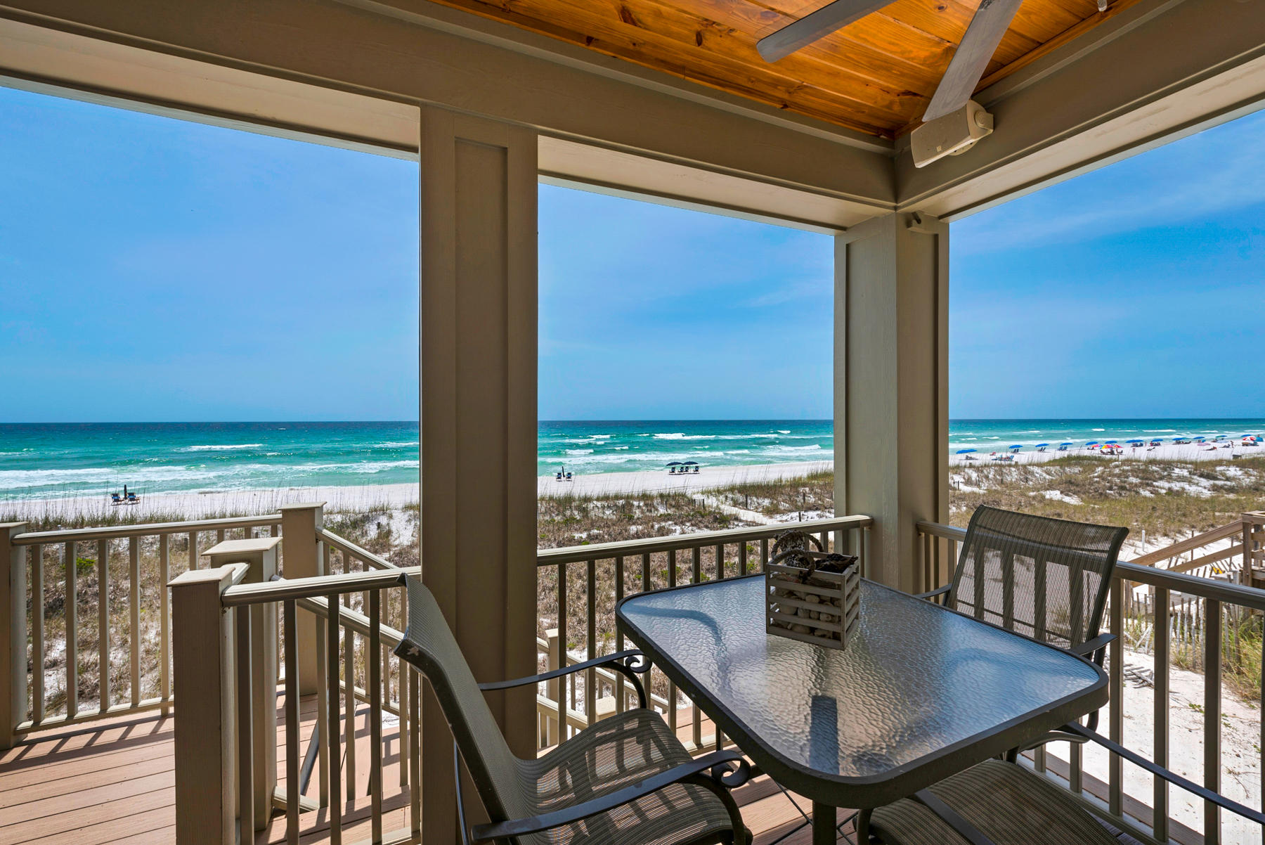 Location! Location! Location! Beautiful custom Gulf front home in the highly desired community of Destiny Shores, one of the few areas in Destin where you own your own private beach with unobstructed views! This home has never been rented and is well maintained. The first level features a 16x30 Gulf front living area w/stone fireplace and built in Cherry wood book cases, arched doorways and extensive crown molding. Built for entertaining, the large gourmet kitchen features Cherry wood cabinetry, gas range and granite counters. First level features formal dining area with sun-filled sweeping views, breakfast room, two guest bedrooms w/ private baths, two car garage, 10' ceilings, oak floors, surround sound throughout. Second level boasts 11' ceilings, expansive Gulf front Master Suite, luxury bath w/large double closets and laundry, his and her executive offices w/ connecting sleeping porch, 25x22 large recreation room w/built in appliances. Lots of built-in storage throughout. Both levels have 30' spacious GF porches overlooking the sugar white sand beaches. Direct access from the porch to your own private beach with no crowds. Furnishings negotiable. Dimensions to be verified by buyer...... Note from the owner: Located on one of the most beautiful beaches in Florida, this lovely home has four bedrooms, four bathrooms, and a powder room.  The den on the first floor and the large master bedroom with library and sitting area on the second floor have large windows and French doors which open onto porches with spectacular ocean views of your own private beach. Three other bedrooms have bright beach colors and king-size beds with bathrooms. The fifth bedroom with twin beds has a pirate's theme for children's creative imaginations. The large billiard room has custom cabinetry, including window seats and drawers under each window, a double sink, microwave, refrigerator and ice maker, with extra room for a sitting area, large tv and game table. The office upstairs features custom bookcases, cabinets and a stationary desk. There is a closet over closet area for an elevator if desired. The morning room is a nice room for a cozy meal or games with an adjoining living room centered between a large foyer and a beautiful staircase leading to the second floor. The large kitchen has granite countertops, customized cherry cabinets, a gas cooktop, and a baker's counter. The ceiling height is 10' on the first floor and 11' on the second floor. There is a double garage and extra storage beneath the house and porch for kayaks and beach equipment. A shower with hot and cold water is on the back walkway between the double staircases leading to the back porch.  Landscaping is easy care with irrigation for plants and minimal lawn maintenance. Enjoy dinner on the back porch watching the sparkling Gulf of Mexico and amazingly gorgeous sunsets. Some nights the moon is so big and the stars are so bright, it seems you can reach out and touch them. This could be the house of your dreams!