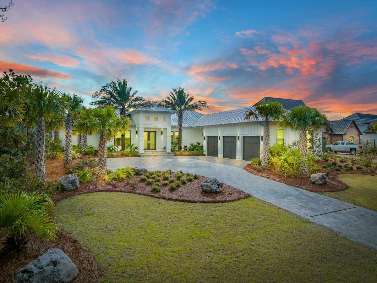 Ideal for avid boaters and those with an appreciation for clean lines and modern style, this recently constructed Driftwood Estates home presides over 100 feet of waterfront on deepwater Buck Bayou in Santa Rosa Beach. Expansive water views extend from the open living spaces and owner's suite onto an outdoor lanai with linear gas fireplace and summer kitchen overlooking the heated pool, private putting green and dock. For endless bird watching, an osprey nest completes the long list of incredible outdoor amenities. A 42-ft. covered slip with lift capable of accommodating up to a 50-ft. boat is joined by a floating jet ski launch. The protected waterfront location is only minutes from open water on Choctawhatchee Bay. Fresh paint in neutral hues and natural stone floors helps carry daylight throughout the open interiors and accentuates their spaciousness. The waterfront owner's suite features a shiplap accent wall and vaulted ceiling with complementary shiplap finish repeated in the adjoining bath with barn door entrance forthcoming. A freestanding soaker tub is showcased in front of a marble-clad walkthrough shower with multiple rain heads. Kitchen Aid appliances are at home in the designer kitchen with ceiling-height backsplash highlighting a sleek vent hood and open display shelves. Each guest bedroom can remain just that, with ancillary rooms that include a media room with wet bar, bunk room and home office providing dedicated space for specialized needs. Finally, a three-car garage with epoxy flooring stows both vehicles and an oversized freezer for your fresh catch. Driftwood Estates is central to both the Sandestin Golf and Beach Resort and the western corridor of Scenic Highway 30A, placing its white beaches and unique towns with eclectic dining and seasonal events within easy reach.

Measurements to be verified by buyer.