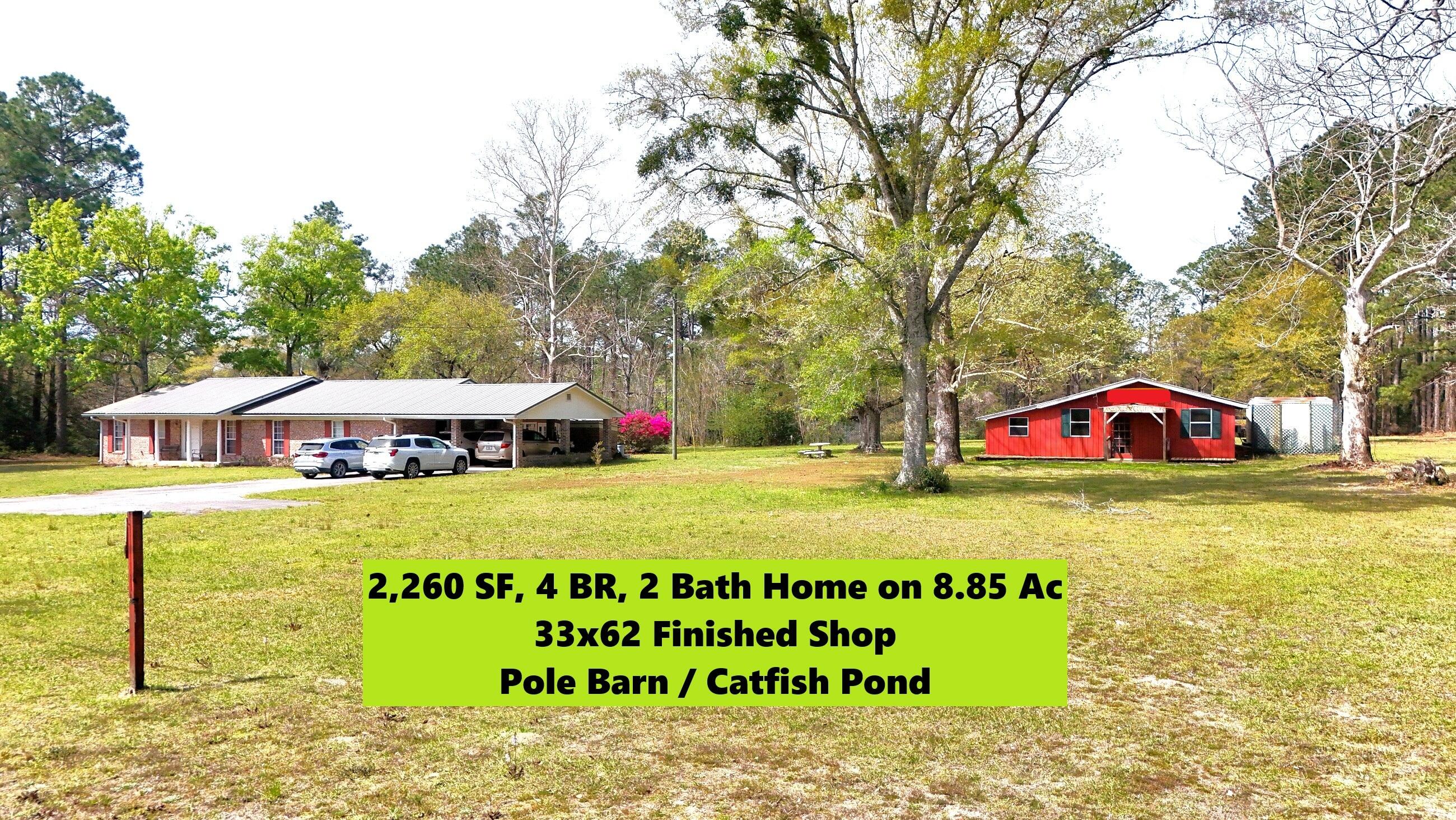 Motivated Seller just reduced by $50,000!! Highly desired Eucheeanna Valley area in N Walton County!! 5 min. to downtown Defuniak Spgs. 3 mi. to I-10 on Hwy 331 S & 30 min. to the Beaches of S Walton! Nicely maintained ranch home on 8.85 acres, w/ catfish pond & multiple outbuildings. Primary out-building is apx 33x62, w/ 33x18 unfinished area & apx. 1,000' finished shop area. Land is mostly cleared w/ a nice mix of beautiful hardwoods, pines, azaleas & blueberry bushes. The home is 2140 sf H&C, w/attached 2-car carport, FL room & covered porch areas. 3 BR, 2 bath, w/ office (or 4th BR) & 20x30 bonus room. Both baths updated apx. 6yrs. Kitchen updated w/ new cabinets & granite countertops. Metal roof apx. 10 yrs. FP chimney was roofed over at that time. A must see...schedule today!