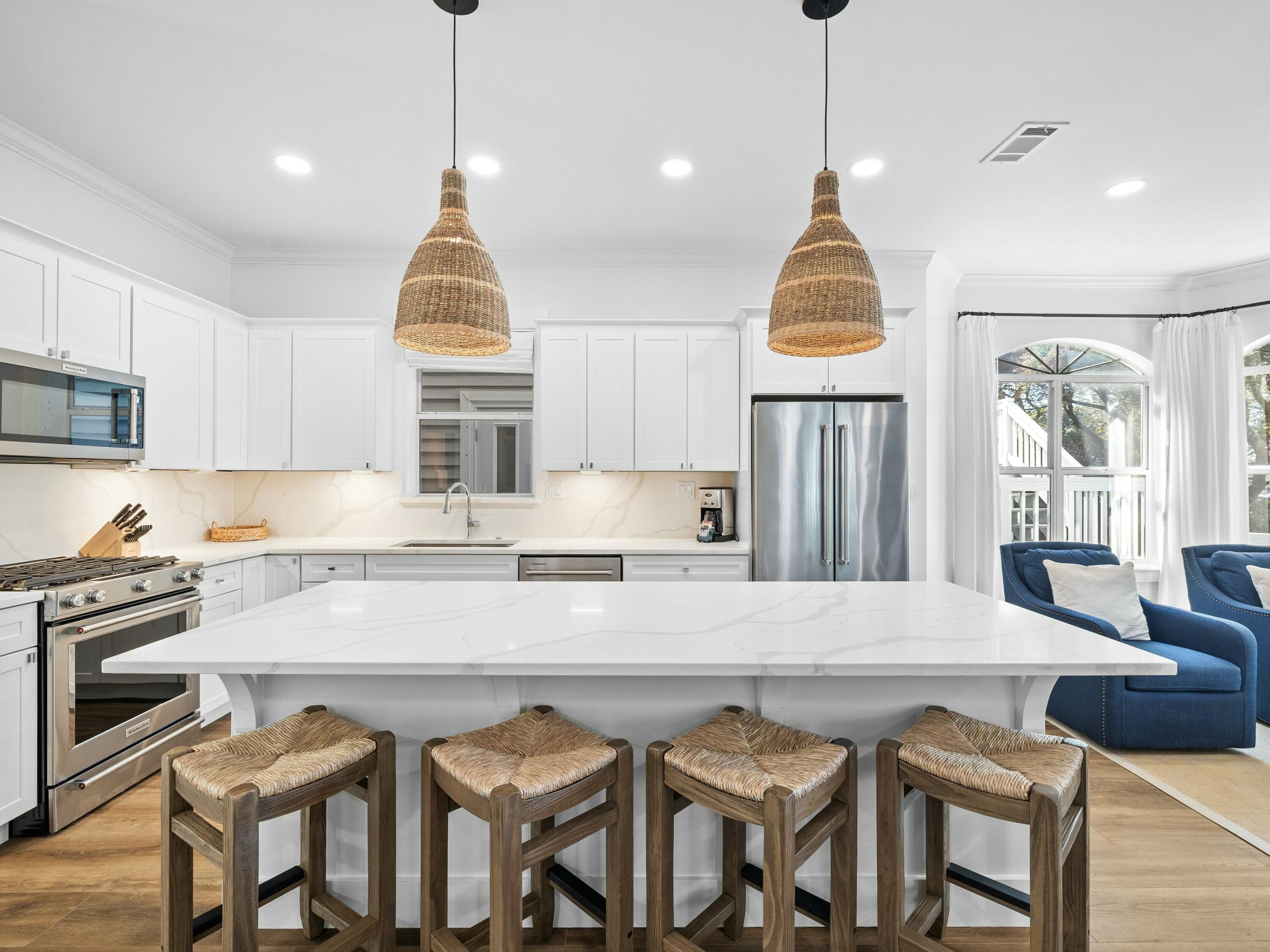 Enjoy stunning Gulf views from this beach home in the private, gated community of Old Florida Beach. Just three houses from the sand, the property includes a main home with three bedrooms (each with its own bath), a bunk room, and a lookout tower with panoramic views. The open living, kitchen, and dining area is designed for gathering, while the landscaped backyard offers shaded space for relaxing outdoors. A detached garage features a one-bedroom carriage house with full kitchen.
Old Florida Beach offers a private beach, heated community pool, Draper Lake dock, and three beach accesses. Perfect as a primary home or vacation rental.