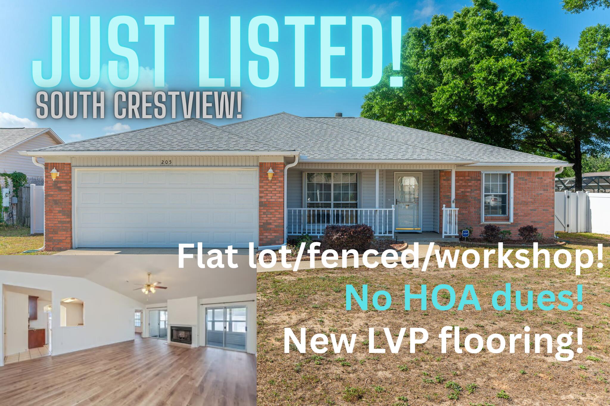 LOCATION, LOCATION, LOCATION! New roof in December of 2020! Tankless Gas water heater! Brand New LVP flooring! Fully enclosed sunroom/ Florida Room! ROOM FOR A POOL! Seller is purchasing 1 year Home  warranty for buyer! This 3 bedroom 2 bath home is conveniently located in South Crestview, it's freshly painted and move in ready. This well maintained home is located on a FLAT lot with white vinyl privacy fencing and a workshop/ yard building. Inside the spacious split bedroom design features a vaulted ceiling and gas fireplace in the living room, beautiful solid wood upgraded stained cabinetry in the kitchen, a breakfast room, a separate dining area, and generous sized primary bedroom. The primary bath features a walk in style jacuzzi tub/ shower and double sink vanities.