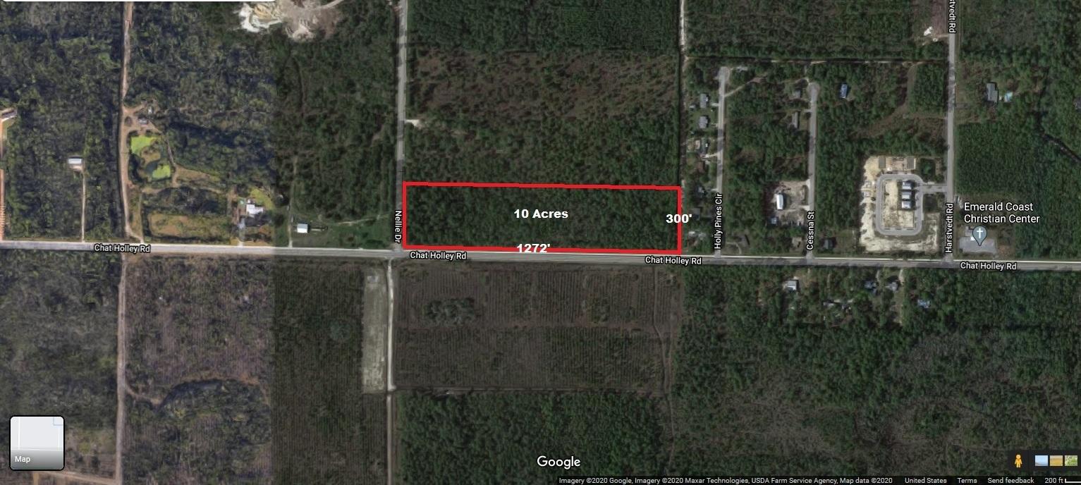 Strategically located halfway between Destin and west Panama City and south of Choctawhatchee Bay, this fantastic development opportunity parcel along Chat Holly is in the booming area of Santa Rosa Beach. Close to the sugar-white sand beaches of South Walton County Florida, the world-famous playground of 30A is just 5 minutes away.  Zoned conservation residential, with possible rezoning to to increase development density. Directly across Nellie Street from a new planned 38-acre 171-unit single family and multi-family development. Buyer to verify all data for their particular use. No survey.