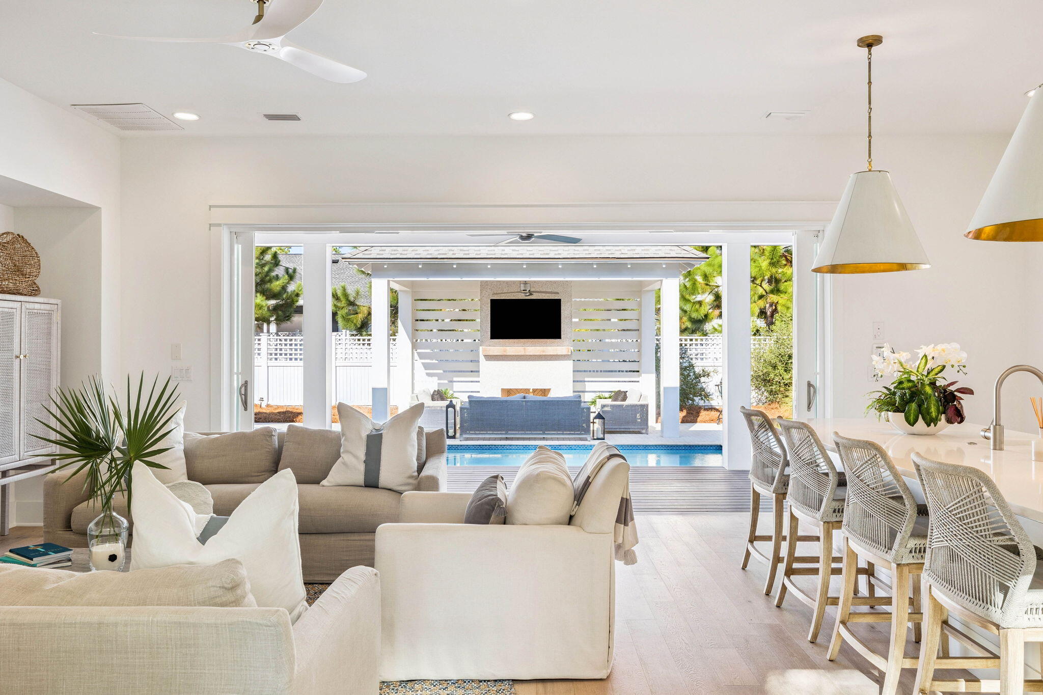 LARGE BONUS/FLEX ROOM CAN SERVE AS A FIFTH BEDROOM. Experience refined coastal living at its finest in The Suffolk, a sought-after floor plan in Watersound Origins. This is one of the few layouts that offers two bedrooms with en-suite bathrooms on the main level, a feature highly desired for convenience and versatility. Crafted by Romair Homes, this exceptional residence blends timeless elegance, modern comfort, and effortless indoor-outdoor living.
This thoughtfully designed home features 4 bedrooms, 4.5 bathrooms, a 2-car garage, and a spacious bonus room that can easily function as an additional bedroom. The expansive great room serves as the heart of the home, where 16' Jeld-Wen sliding glass doors open to a private outdoor oasis complete with a  resort-style pool, spa, and covered cabana retreat, perfect for entertaining or relaxing in style.
The gourmet kitchen is a chef's dream, appointed with quartz countertops, custom soft-close cabinetry, and top-tier Sub-Zero/Wolf appliances. Spa-inspired bathrooms with elegant porcelain tile further enhance the interior with sophistication and coastal charm.

Located within the highly coveted Watersound Origins community, this home provides access to premier amenities, including Village Commons with its resort-style pool, state-of-the-art fitness center, pickleball and tennis courts, event lawn, and the distinctive 6-hole Origins Golf Club. Scenic walking and biking trails, neighborhood parks, and direct access to Lake Powell offer endless outdoor enjoyment. The growing Watersound Town Center, just minutes away, features Publix, boutique shops, restaurants, and essential services.

Homeowners may also JOIN the exclusive Watersound Club, offering private beach access, multiple clubhouses and pools, dining, and golf across three private courses, including the spectacular new Lifestyle Center at Camp Creek.

Blending modern luxury with natural beauty, The Suffolk offers an extraordinary coastal lifestyle thoughtfully designed for comfort, elegance, and effortless entertaining.