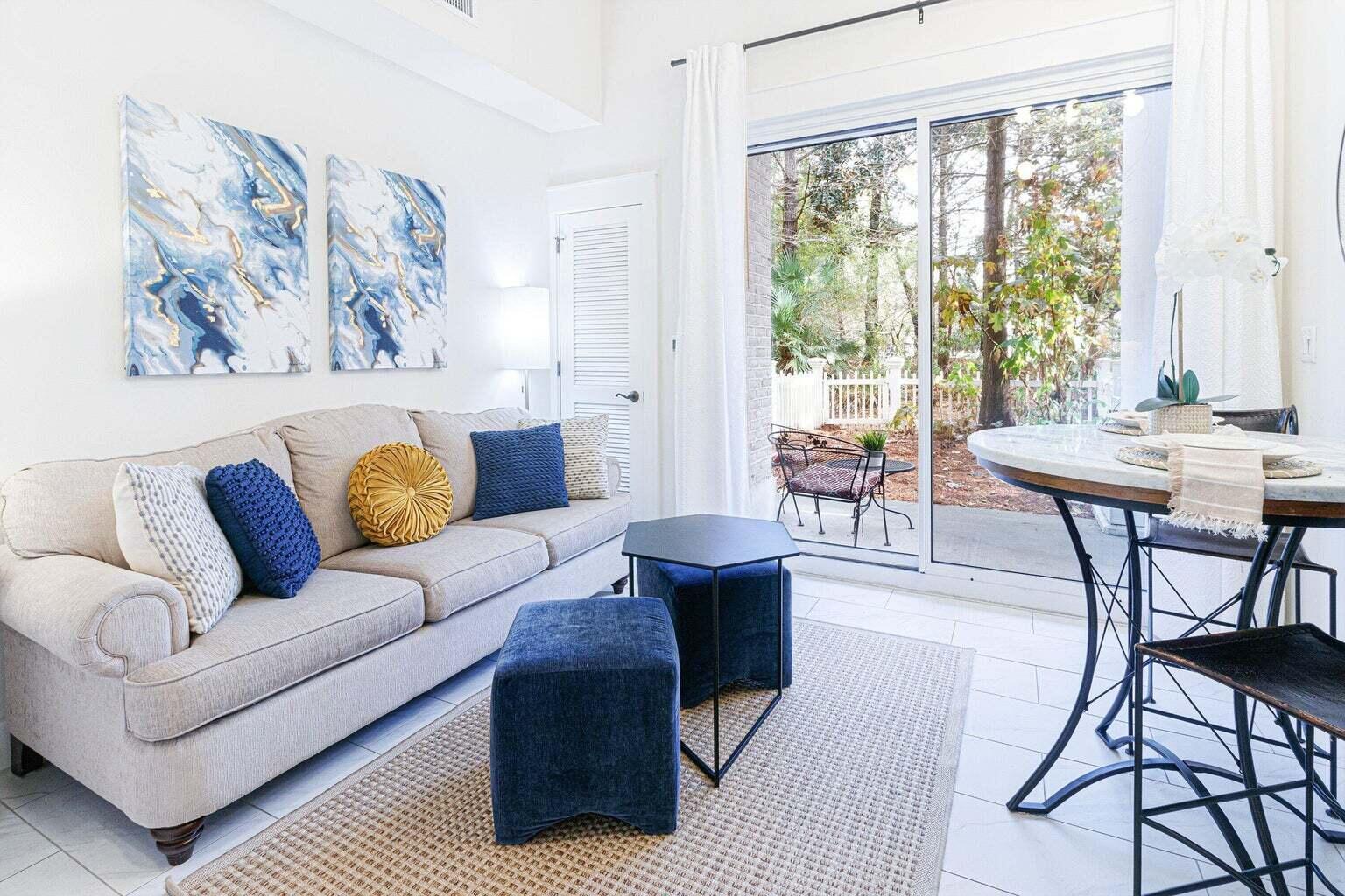 Studio in Baytowne Wharf! Beautifully updated first-floor studio with a charming white picket-fenced backyard--light, bright, and rental-ready! Features 10-ft ceilings, new A/C (2023), and all-new furnishings, décor, bedding, lighting, drapes, and refreshed tile (2022). Just steps from The Village of Baytowne Wharf with dining, shopping, and live music. King bed and queen sleeper sofa make it perfect for a small family. Enjoy nearby tennis, beach access via shuttle, and Sandestin's resort amenities--7 miles of beaches, 4 golf courses, 15 tennis courts, a marina, fitness center, spa, and more! Strong rental history and priced to sell--a rare opportunity to own in Sandestin Resort's Baytowne Wharf. STUDIO LENDER: HOME FI -813-255-7982.