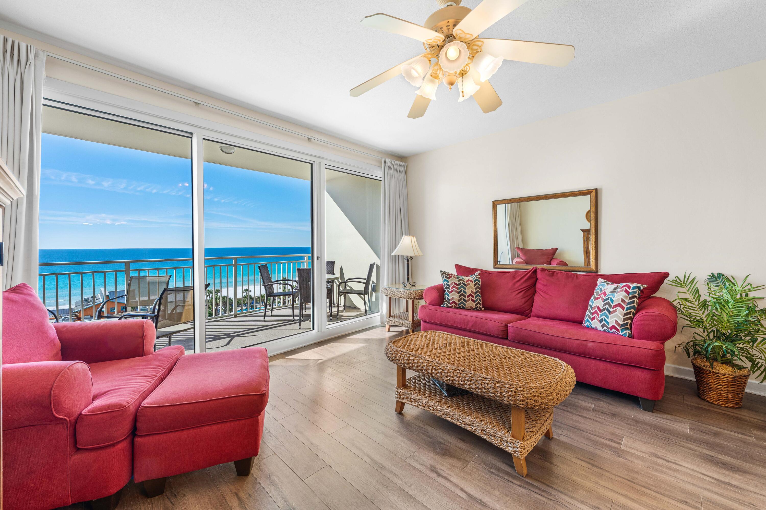 Experience the coastal luxury lifestyle in this turnkey 2-bedroom, 2-bath condo at Sterling Shores located in the heart of Destin, Florida. Positioned on the 8th floor, unit 806 offers panoramic Gulf views and upscale coastal living in an 8+ acre gated resort community. This fully furnished retreat is a premier choice, whether you are seeking a high-performing investment property or your own personal beach retreat. Enjoy luxury amenities: 400' of private deeded beach, a massive lagoon-style pool, and a heated beachside pool with a tiki bar and grill. The resort also features a fitness center, theater, and lush manicured grounds. Perfectly located off Hwy 98, you're steps from The Back Porch, shopping, and entertainment. Strong vacation rental income potential up to $42,000+ annual.