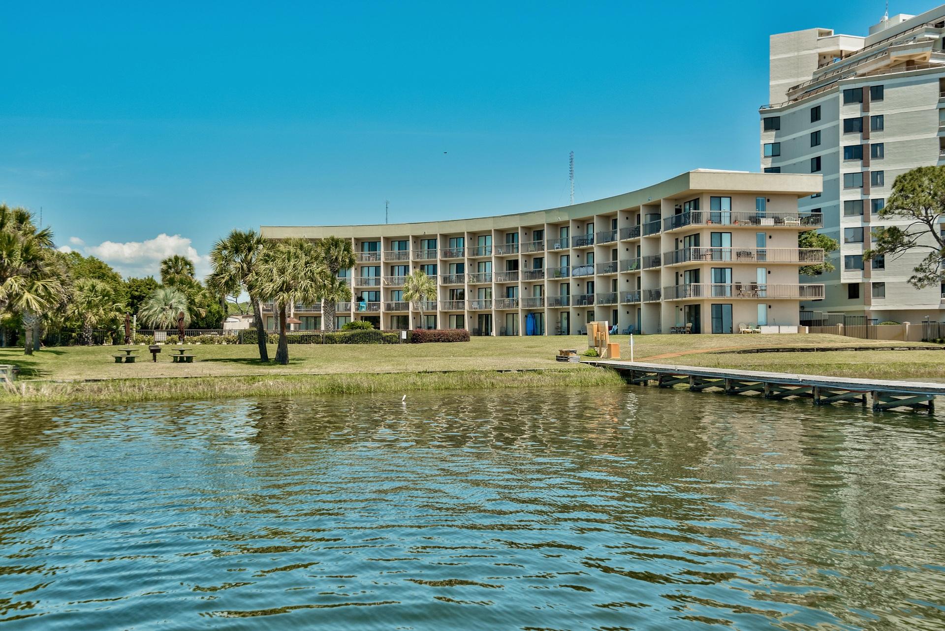 Quaint 2nd floor waterfront studio with a deep water deeded 30 foot boat slip, which can also be rented out.. This immaculate condo features tile throughout and has been well maintained, including HVAC and hot water heater replacements. This property can be kept as a boaters weekend get-away, full time resident, or vacation rental. Located just steps away from the Santa Rosa Sound and a short drive to the white sandy beaches. The community also includes a pool, picnic area, and a private beach. Low HOA fees cover: Water, Sewage & Trash; Pest Control; Cable TV w/2-HBO's; Hi-Speed Wireless Internet; Insurance on the Building Structure. This gorgeous unit will not last long.