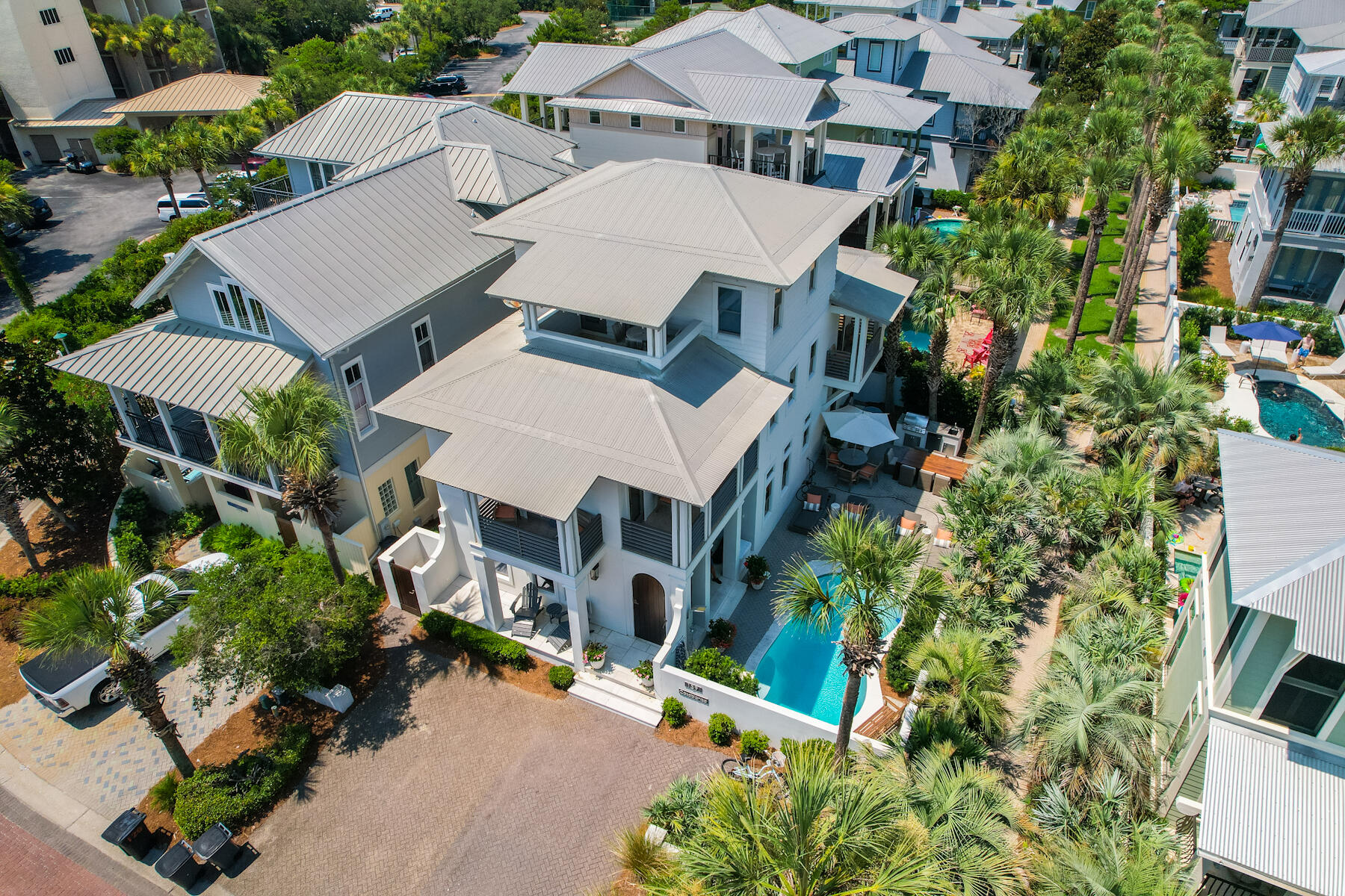 This luxurious 5 bedroom, 4 bathroom home is located just west of Rosemary Beach in Waters Edge, which is a quaint gated neighborhood south of 30A with deeded beach access.  Upon entering 139 Geoff Wilder, you will find yourself in a lovely courtyard with a private pool, lounge and dining areas and an outdoor kitchen.  Once you enter the home, you will find a welcoming living space that is open to the dining and kitchen complete with island and Viking range. The guest room on this floor has 2 full size beds and opens to the courtyard.  On the second floor, you will find the Master Suite with a covered patio ready for you to enjoy the beautiful gulf view.  A second bedroom with a king size bed and a patio over the courtyard are also on this level.  The third floor is a private oasis with a king size bed and en-suite bathroom as well as a viewing patio with a perfect view of the sea.  This home will be offered fully furnished with some minor exclusions
