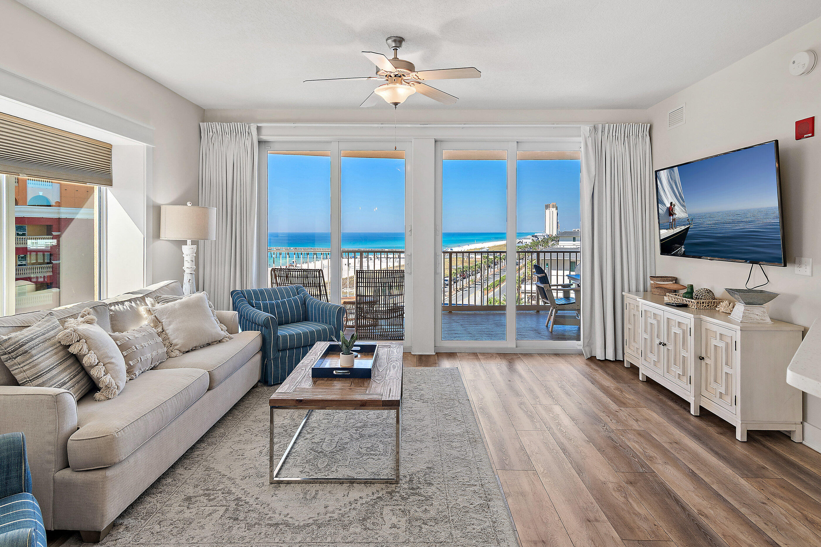 Elegance and convenience unite in this stunning 3-bedroom, 3-bathroom corner unit on the 6th floor of Calypso Tower III.  Offering expansive, unobstructed Gulf views, this beautifully appointed condo is a prime opportunity for a vacation home or high-performing rental investment.
Located on the quiet west end of Panama City Beach, Calypso Resort is adjacent to Pier Park, offering premier shopping, dining, entertainment, and year-round events. The Russell-Fields Pier and Frank Brown Park Sports Complex are just minutes away, along with Gulf World Marine Park, championship golf courses, and family-friendly attractions.
Step inside to find an open and airy layout, professionally designed with stylish coastal décor. The fully equipped kitchen features quartz countertops, GE stainless steel appliances, and a breakfast bar, perfect for entertaining. The spacious living area opens to an oversized private balcony, ideal for enjoying breathtaking views of the Gulf, especially at sunset! Calypso Tower III boasts resort-style amenities, including a Lagoon-style zero-entry pool, heated in cooler months, a Spacious hot tub, Nine private, rentable cabanas, Two tiki bars and the Emerald Hub bar & grill, Fire pit and lounge areas, large fitness center, and an on-site restaurant and café. Don't miss this rare opportunity to own a slice of paradise in one of the most sought-after beachfront destinations! Schedule your private tour today.