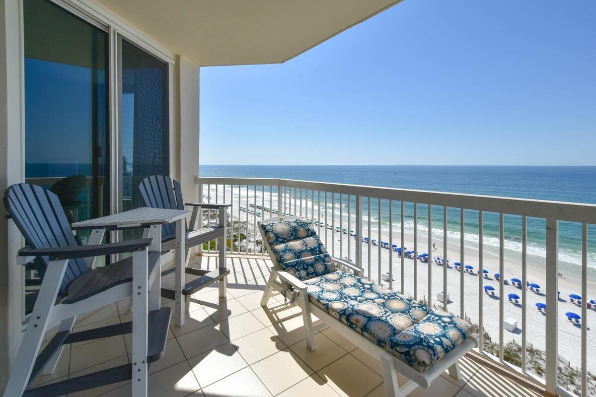 Unit 905 E Silver Beach Towers is a lovely 2-bedroom, 2-bath Gulf front condo, nicely furnished, well-maintained, rental unit. Both bedrooms face the Gulf with balcony access. The open living, dining, and kitchen area offers Gulf views, tiled floors throughout, a kitchen with stainless steel appliances, granite countertop, and a breakfast bar. The master bath has a jetted tub and walk-in shower. The second bedroom has an en-suite updated bath. Also includes an owner's closet and 1 assigned covered parking space. Silver Beach Towers covers 600 feet of white sand, with two Gulf-side pools, two hot tubs, a BBQ area, pickleball/tennis courts and gated parking with fob-secured access, also three condos per floor for each pair of dedicated elevators and a traffic light entrance from 98. A new amenity is food and beverage service delivered right to your beach chair, a seasonal service available to owners and guests. Replaced HWH 5/22 and A/C was replaced 7/16.