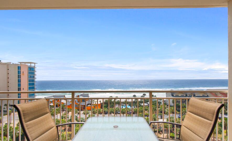 This 8th floor 2 bed/2bath unit has exceptional Gulf Views from the living area and primary bedroom. The living room, dining room and kitchen space open up to a large balcony where you can enjoy the unrestricted gulf views.  Sterling Shores is one of Destin's premier beachfront communites boasting upscale amenities including its own expansive beach with beach club and pool, a lagoon-style pool, fitness center, and tennis courts. Whether you're seeking a vacation retreat or a permanent residence, Sterling Shores delivers unparalleled comfort and convenience in a coveted beachfront location close to off shore fishing, shopping and world renown  restaurants.  LPV flooring has just been installed in the bedrooms. Currently a short term rental and is subject to reservations that are booked.