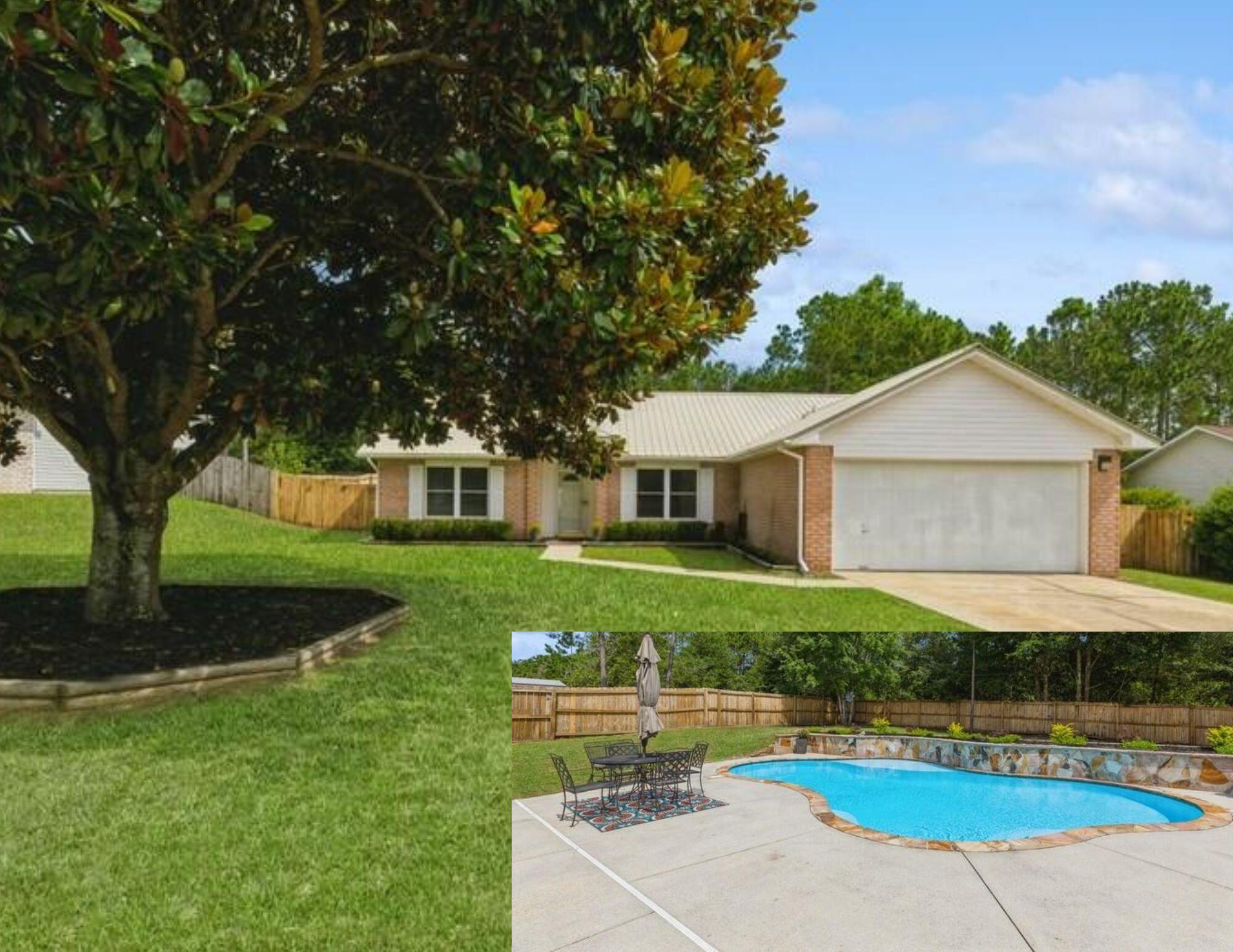 SOUTH CRESTVIEW HOME WITH HEATED GUNITE POOL! This gorgeously updated and spacious 3 bedroom 2 bathroom offers an open concept and split floor plan that buyers have come to expect. As you step into the home you are greeted by the spacious living room complete with vaulted ceilings, laminate wood flooring, ceiling fan, and French door with blinds in the glass that lead you to the pool and back yard. Just off the living room you is a large formal dining room that can also serve as a separate living space or an office. The newly renovated kitchen has granite counter tops, island, pantry, refaced cabinets, tile backsplash, SS appliances, and additional dining area. The master bedroom has new stamped carpet and offers a renovated master bathroom with double vanities, his and hers closets, separate tiled shower with glass door, linen closet and water closet. On the opposite side of the home, you will find two additional spacious bedrooms with an additional updated bathroom for guests. The home also offers an indoor laundry room that leads to the 2 car garage with auto open and pull down stairs. The exterior of the home has NEW Pella windows, METAL ROOF and offers both a generously sized front and back yard. Perhaps saving the BEST FOR LAST, the large backyard boasts a stunning heated Gunite multiple depth pool with sun ledge. Enjoy the extra large pool patio for entertaining your guests as well as a separate outdoor entertainment space and firepit area. The home sits on an oversized 0.34 acre lot and is located on the highly desirable SOUTH side of Crestview, convenient to schools, shopping, work commute and the beautiful emerald coast beaches. SMOKE FREE AND PET FREE HOME! Pool homes do not last long in this market, so don't miss out on your opportunity to make this beautiful home yours today!