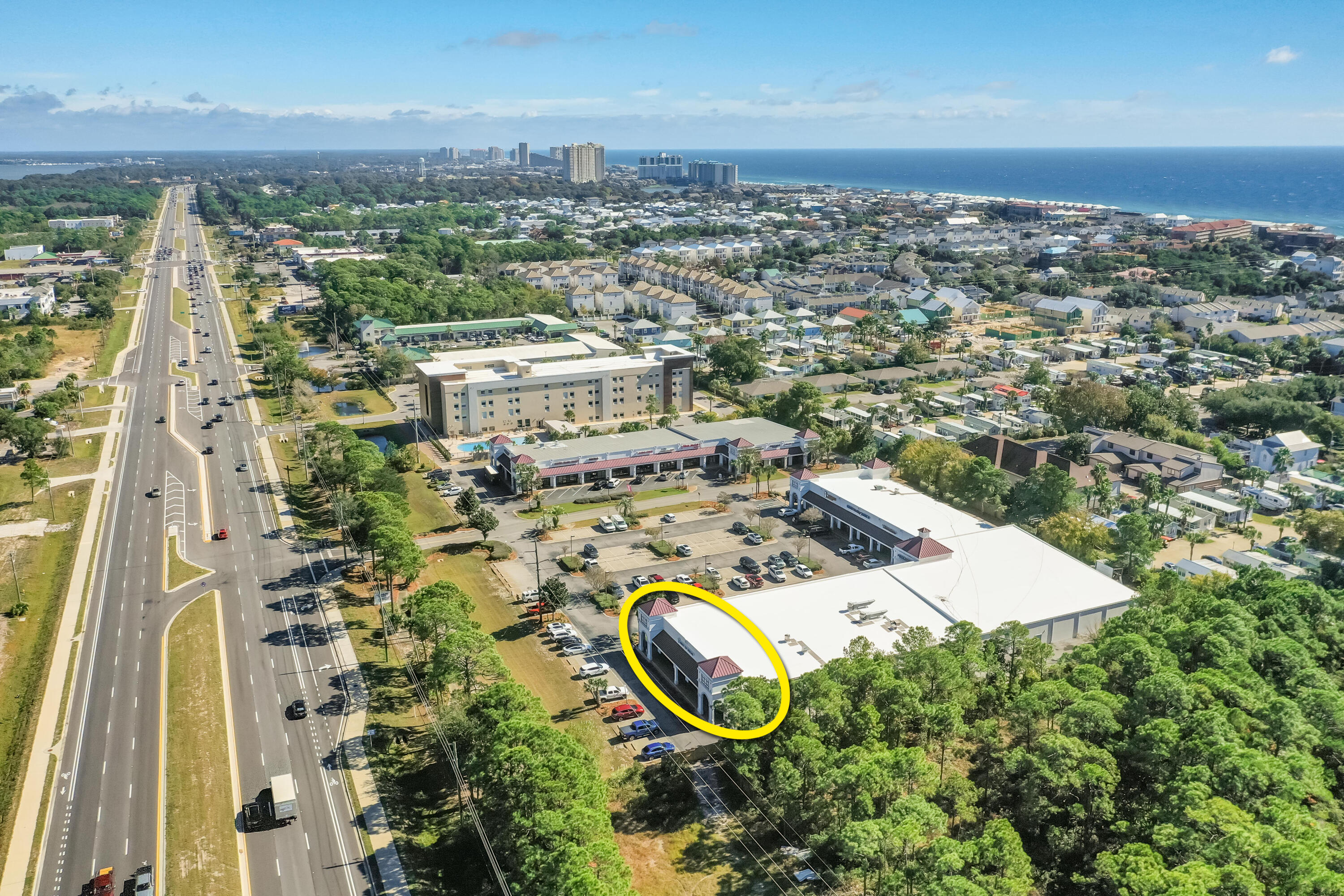 NEW, PRIME COMMERCIAL LISTING!!  TWO contiguous end-cap commercial spaces totaling approximately 3,432 square feet in Miramar Plaza offering potential uses as retail, restaurant, and/or office.  Located strategically between Destin Commons and Sandestin in Miramar Beach, Florida, this expansive storefront wraps two sides of these exceptional spaces, the length of which fronts Highway 98, capturing visibility from the approximate 45,000+ vehicles passing the site daily.  The pronounced parapet will accommodate excellent signage and visibility.  The parking capacity is exceptional.  Ingress and egress are favorable as well.  These spaces are the finest two spaces of their kind on the market in Destin, Florida, and irreplaceable at this pricing when you factor all improvements, including... land and site improvements.  Showings are by appointment only, which require a minimum (24)-hours of advance notice.