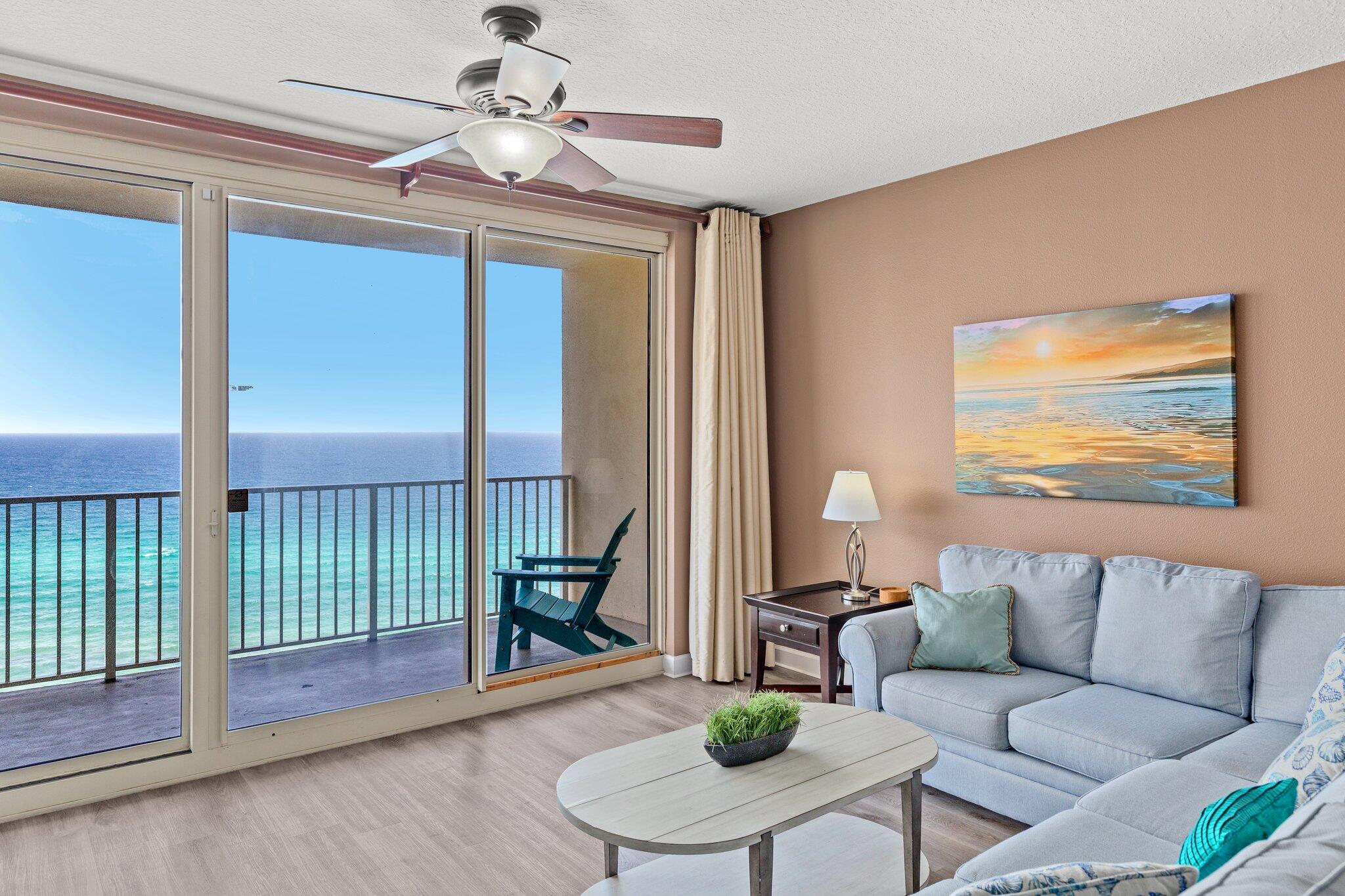 FULLY FURNISHED – RENTAL READY – MOST DESIRABLE ''C'' FLOOR PLAN- SECOND FLOOR PRIVATE PARKING. You deserve your own luxury waterfront condo and this 18th floor C unit featuring 1 bedroom with a Gulf and pool view, private 1 bunk room and 2 bathrooms in the sought after Shores of Panama is fully furnished and ready for you! Featuring an open floor plan kitchen/living/dining room, upgraded flooring throughout, white shaker cabinets, stainless steel & white appliances, granite countertops, breakfast bar, brand new in-unit stackable washer & dryer & beautiful coastal furniture. All with stunning views of the emerald coast and lagoon-style pool from the living room, master bedroom and oversized balcony! The unit comes with a dedicated parking spot conveniently located on the 2nd floor.
