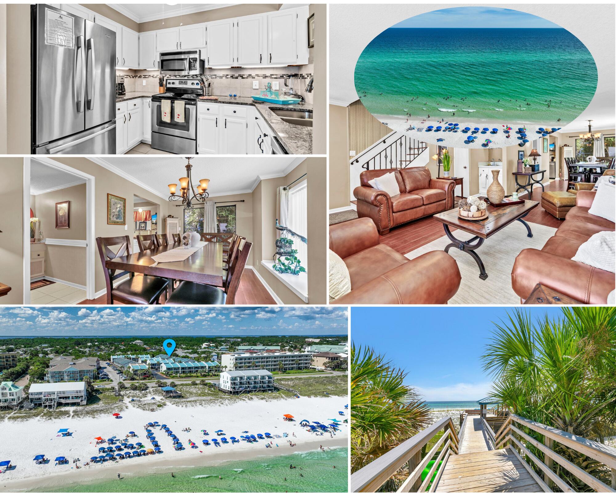 Immaculately Maintained Townhome with Deeded Beach Access in Miramar Beach! Welcome to Gulf Winds East just 150 yards from the sugar-white sands of the Gulf, with deeded beach access and a charming beachfront gazebo. This fully renovated, move-in ready 2-bedroom, 2.5-bath townhome has been lovingly maintained and never used as a vacation rental, ensuring top-notch condition throughout. Step inside to find a massive open-concept living and dining area, perfect for entertaining or relaxing with the family. A custom wet bar adds a touch of luxury, while updated lighting, ceiling fans, and rich, timeless finishes add warmth and style. The rebuilt staircase features custom rod iron railings with floor lighting, and the home boasts knockdown ceilings, crown molding throughout, and updated flooring for a polished look. The kitchen shines with granite countertops, stainless steel appliances, and ample cabinetry. You'll also love the personal laundry space with in-unit washer and dryer, as well as plenty of storage, including an owner's closet and exterior storage for all your beach gear. Upstairs, two spacious king suites each feature an updated en-suite bath, large closets, and private balconies. Both bedrooms offer enough space to add bunk beds, making this home ideal for larger families or increasing vacation rental potential. Enjoy two ground-level patios and two upper balconies for plenty of outdoor living space. The community offers a sparkling pool, and you're just a short walk from beachfront dining and entertainment along Scenic Gulf Drive.This one checks every box  whether you're looking for a second home, primary residence, or a vacation rental investment, you'll love the location, layout, and care this home has received.