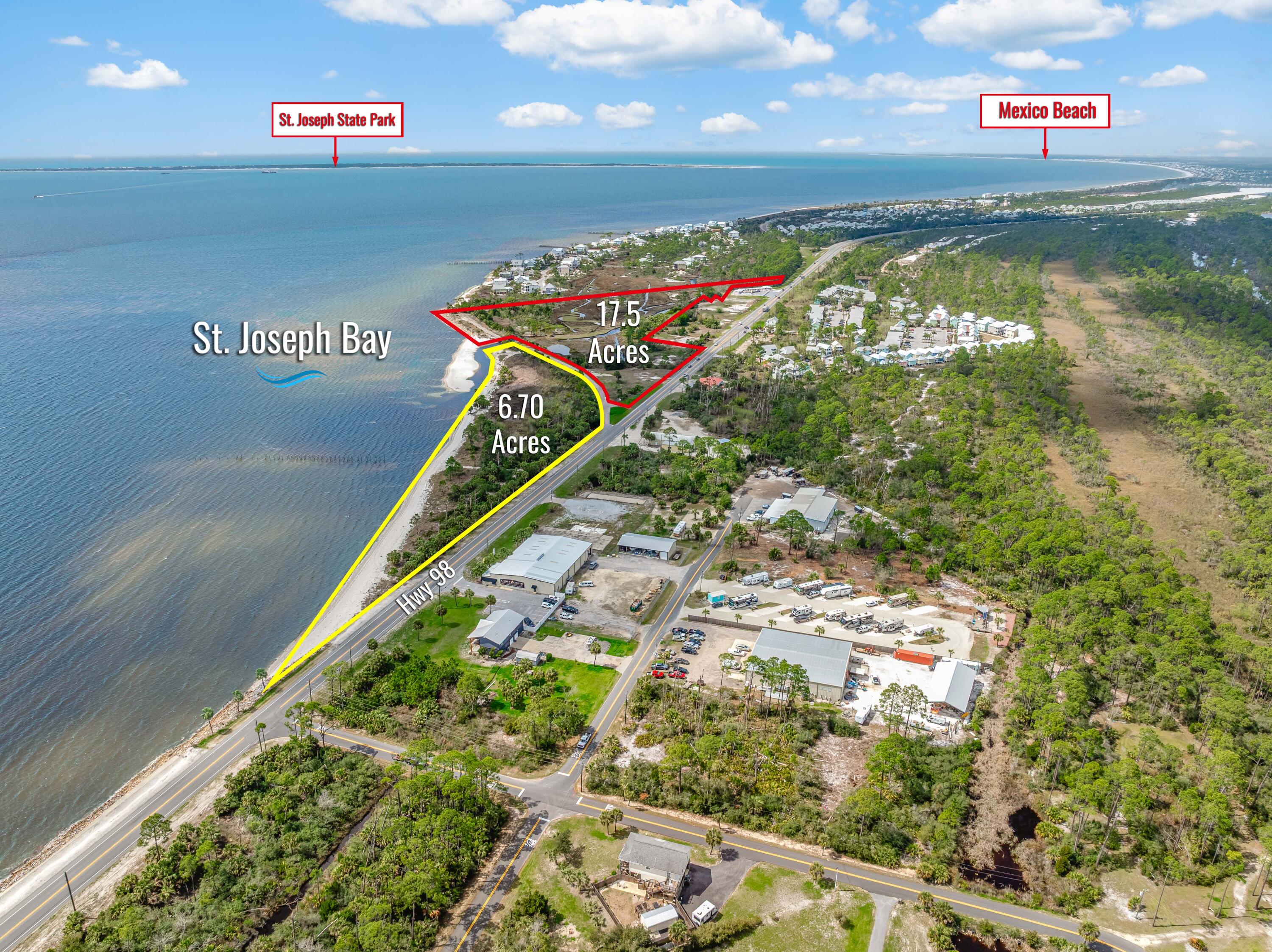 AMAZING Bayfront 17.5 acre Approved Commercial & Residential PUD Development opportunity perfectly positioned between the thriving coastal towns of Mexico Beach and Port St. Joe. Spanning 5 parcels, this unique offering includes Bay & Hwy 98 frontage components, creating an unmatched development opportunity. This stunning 17.5-acre tract has approx 600 feet of waterfront along St. Joe's Bay and is a mixed-use commercial & residential project inclusive of a 3-Story Bayfront condo building with (30) 1500 sf units, a 40'x40' pool and parking beneath, plus a 100 room, 3-story Hotel with a pool, plus 3000 sf restaurant and 2000 sf of common space, total 55K sf and 5000 sf retail/comm space, plus 9195 sf office space Also Available, the entire 24.2 Acres,(See More) With breathtaking Tidal Creeks, and gorgeous Salt Marsh, the opportunities for a premium destination are boundless.

Approved 17.5 Acre PUD Highlights Include:
"Bayfront 3-story, 30-unit condominium building with parking and a 40'x40' pool
"Three-story, 100-room hotel with 3,000 sq ft restaurant and 2,000 sq ft of common space
"9,195 sq ft of additional retail, office, or restaurant space
"5,000 sq ft of supplementary commercial space
"Ideal for a mixed-use waterfront village, hospitality destination, or phased development

"PUD and conceptual site plans available upon request

"Located just minutes from white-sand beaches, world-class fishing, charming coastal communities, and a growing base of full-time residents and vacationers, this property is uniquely positioned for success in residential, commercial, and hospitality sectors. With entitlements in place and momentum building in Gulf County, the timing is perfect to bring this vision to life.
"Don't miss this rare opportunity to acquire a high-impact development site with entitlements, flexibility, and unmatched location.

Contact us today for supporting documents.

Listing the 3 opportunities separately.
1)The Entire 24.2 Acres with Mixed-Use PUD and Residential Bayfront $6,900,000
2) 6.7 Acre "Bayside at Port St Joe" Bay Front, 14 Residential Lots at $3,700,000
3) 17.5 Acre PUD w/ Hotel, Condo Bldg, 2 pools, Retail and Office Space at $3,400,000

The Buyer to verify all information, including the dimensions and acreage. All information is reliable but not guaranteed.