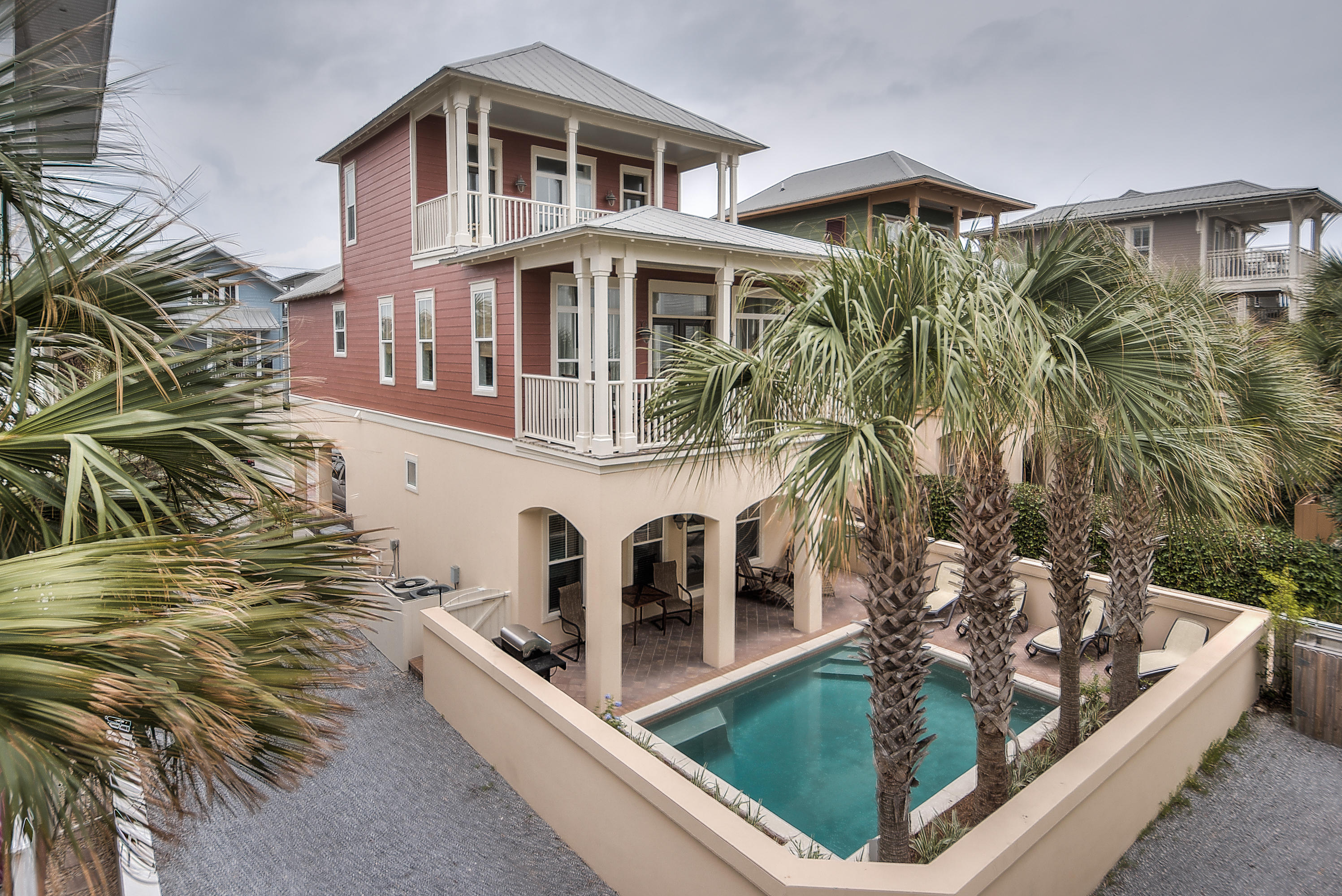 Breathtaking gulf views from this beautiful 4 bedroom + bunk room and 4 1/2 bath home just steps to the beach. Nestled in the gated community of Water's Edge a stone's throw from Rosemary Beach, this house has everything to offer. One row back from the white sandy beaches, daydream to the ocean air with your balcony doors open.
As you step into the front door, you will be greeted with 2 guest bedrooms, a bunk room and two full baths on the first floor. From the hallway, you are led to your own private pool for those calm sunny days. The second floor boasts a beautiful open floor plan creating a bright and airy ambiance including your Living, Dining & Kitchen areas along with a Master bedroom En Suite. The second master en-suite is on the third floor tucked away to it's private balcony