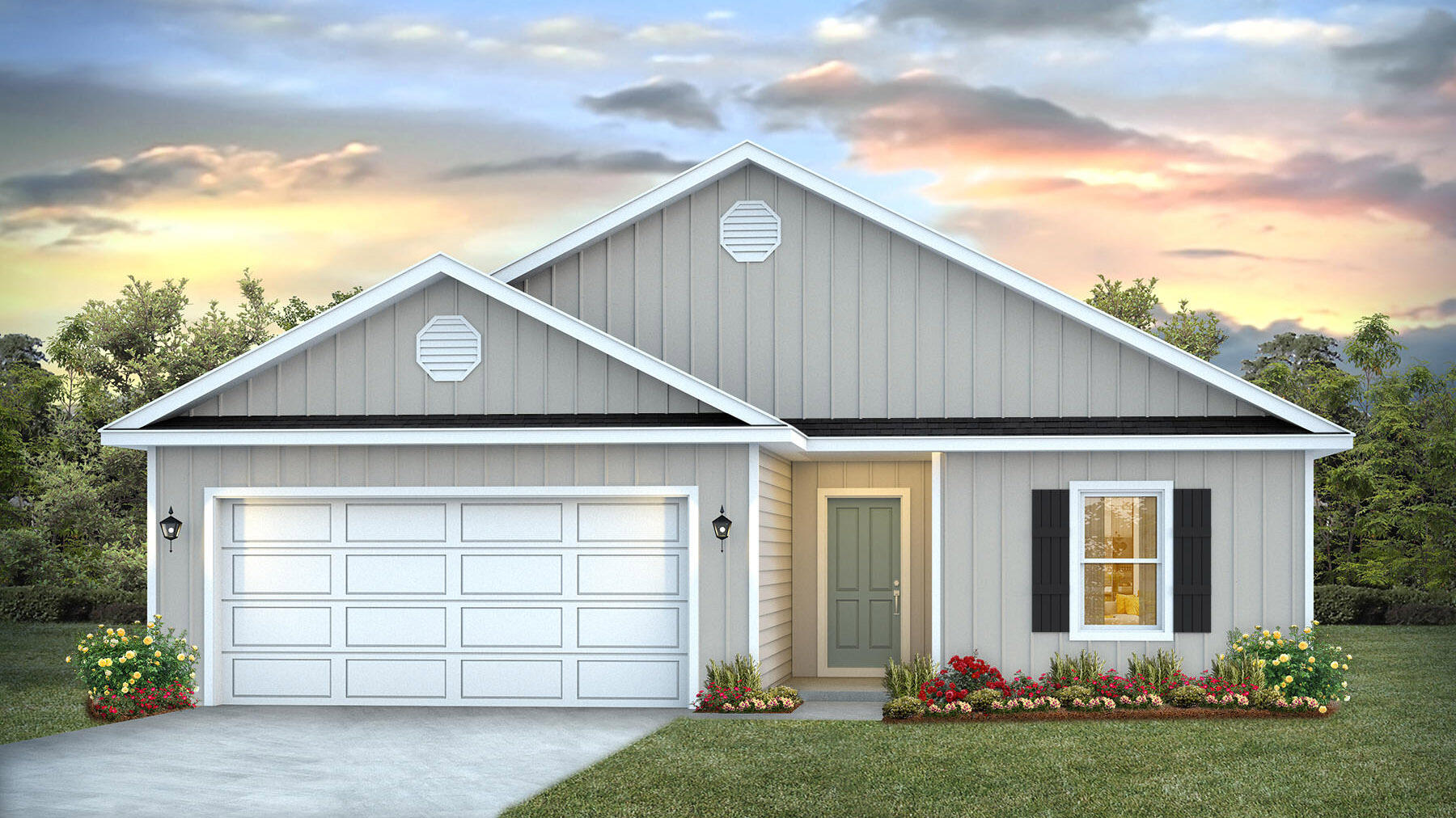 Welcome to Rivers Cove featuring a beautiful community pool and playground. The charming Lismore model offers a fabulous open layout for relaxed living, 3 bedrooms, 2 bathrooms, 2-car garage, and the 'Smart Home Connect' System with various convenient Smart Home devices. The well-designed open kitchen includes stainless steel appliances, a smooth-top range, built-in microwave, quiet dishwasher, corner pantry, island bar, eye-catching wood-look flooring, and plush carpet in the bedrooms. No wasted space and a highly desirable floorplan. Fabric Hurricane door and window protection is also included. Enjoy the stylish curb appeal in the rapidly growing area. ALL LISTING pictures, colors, features, and size may vary. Square footages are approximate.