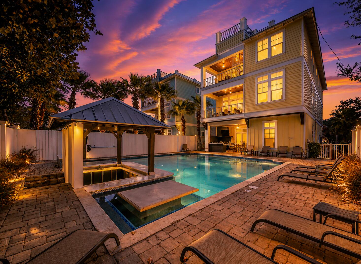 71 Dolphin Street is a truly unprecedented luxury beach home in the highly sought-after Crystal Beach area of Destin. This stunning three-story residence blends contemporary coastal design with premium amenities and exceptional versatility, making it perfect as a private estate, second home, or investment property with proven rental performance. The crown jewel is a 60,000-gallon private pool and spa, complete with a sunken swim-up bar, outdoor summer kitchen, and entertainment areas, creating an exceptional resort feel right in your backyard. With eight bedrooms and eight-and-a-half bathrooms thoughtfully placed throughout the 5,889 square feet, friends and family will find plenty of room to get comfortable. Enjoy the expansive open floor plan, ideal for entertaining, including a sleek chef's kitchen with high-end appliances, custom cabinetry, and a large center island. Multiple living and lounge areas, including a game room with a wet bar, are perfect for gatherings or relaxation. Another great feature is the elevator, allowing you to skip the stairs. Forget the long treks to the shore,this home is located just steps from the Gulf of Mexico. Where Dolphin Street terminates, you will find a brand-new beach access located approximately 175 yards from your doorstep. Enjoy the convenience of morning walks on the sugar-white sands and sunset views over the turquoise waters with incredible ease.