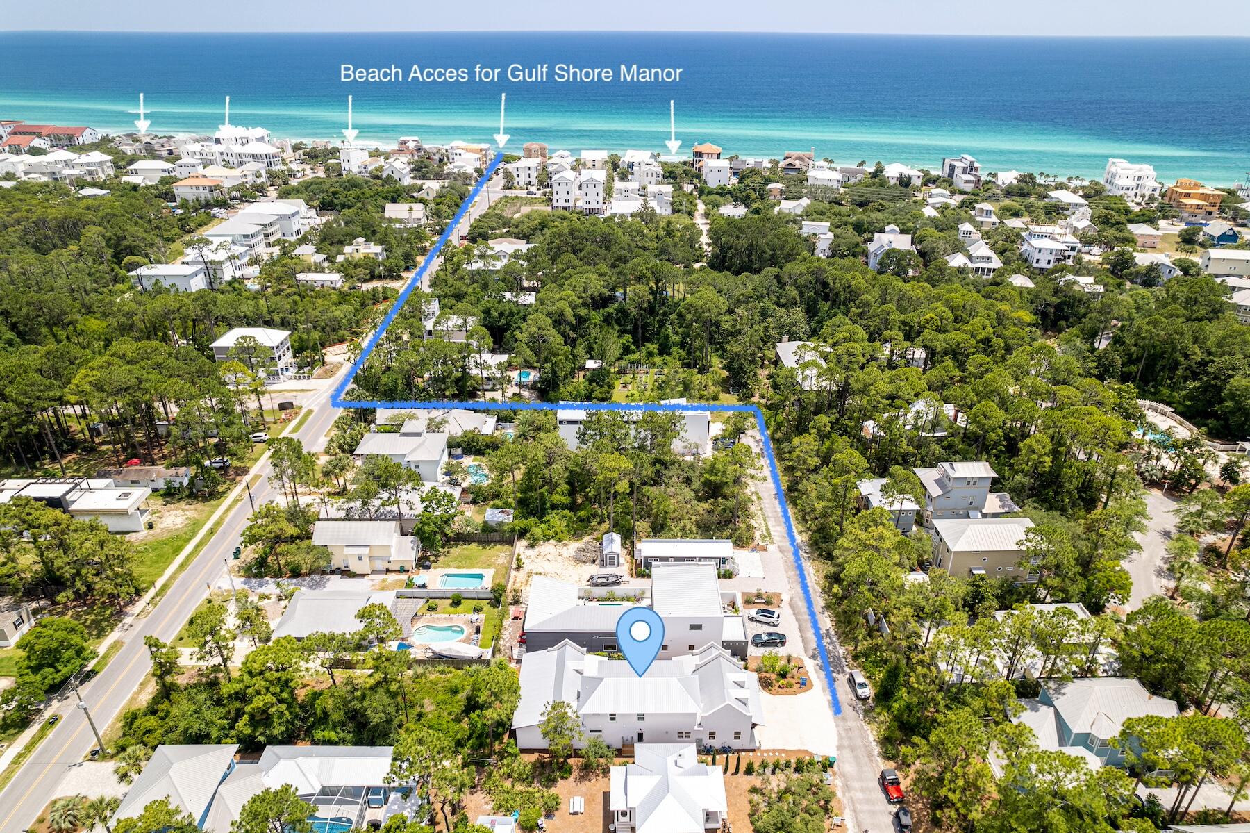 Alys Beach inspired concrete home in the heart of Seagrove. This 4 bedroom home is located just off 30A in Gulf Shore Manor that boasts deeded beach access and use. The moment you pass through the portico, the home unfolds into a sanctuary designed for seamless indoor-outdoor living. The central hub is anchored by natural light filled great room, where 18-foot cathedral ceilings are accented by local cypress beams. Three sets of oversized doors disappear to invite the coastal breeze inside. This beach home was created to enjoy a fluid connection to the private courtyard and heated saltwater pool. 

The chef's kitchen is fully equipped with dual dishwashers, double sinks, a new gas range, and a expansive island that serves as the natural gathering spot. The primary suite, located on the main level, feels like a boutique resort wing. It features expansive dual walk-in closets, a spa-like shower with double heads, and direct pool access, allowing you to wake up to views of the water feature every morning. A second bedroom is located on main floor with easy access to outdoor living area. 

The private oasis includes a tranquil water feature and a tucked-away summer kitchen--complete with a grill, refrigerator, and sink--perfect for poolside dining. Upstairs, a large screened porch overlooking a view of the pool sanctuary, providing a peaceful escape for morning coffee or evening cocktails. With two additional oversized bedrooms featuring built-in bunks, the home is thoughtfully scaled to accommodate guests with ease.

Located on a low-density street with a 15 foot buffer on one side, this property offers a sense of seclusion while being moments from the energy of Seaside (1.3 mile to the west) and WaterColor (less than 2 miles). Owners and guests enjoy over 1,400 feet of deeded beach access at the end of the street, making it easy to transition from the pool to the emerald waters of the Gulf. Offered fully furnished and including a street-legal LSV, this turnkey property is an exceptional opportunity for full time residence,  a second home, high-performing investment with established bookings already in place. Also within a short distance is regional beach access with seasonal lifeguards, ramp to the beach, restrooms and plenty of parking. Other walkable neighborhood beach access include Dothan, San Juan, Montigo and Pelayo offering plenty of options to enjoy the white sandy beaches of 30A.