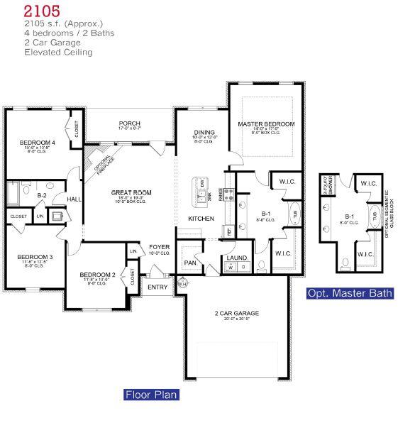 The 2105 floorplan offers 4 bedrooms and 2 baths, providing a spacious and versatile living space for your family. Step into the grand foyer and be greeted by the open-concept layout, where the kitchen, dining area, and family room seamlessly flow together, creating a perfect space for gatherings and making cherished memories. The kitchen has a center island and ample counter and storage space. Retreat to the luxurious master suite, featuring an impressive private ensuite bathroom complete with double vanity, two walk-in closets, and a luxurious soaking tub. The additional bedrooms are privately situated on the opposite side of the home. This floor plan also boasts a 2 car garage and porch in the backyard to extend your living space outdoors.