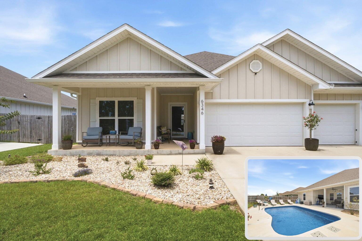 Welcome home to one of the area's most impressive newer construction pool homes, thoughtfully designed with luxury, comfort, and functionality in mind. From the moment you arrive, you'll appreciate the stunning curb appeal, oversized three-car garage, and meticulously maintained landscaping that sets this property apart from the rest.

Inside, you'll find an open and inviting floor plan featuring four spacious bedrooms, three full bathrooms, and a rare bonus office space that many comparable floor plans simply do not offer. Custom carpentry and modern wall accents add character and sophistication throughout the home, while soaring tray ceilings and an abundance of natural light create a bright and airy atmosphere. The heart of the home is the expansive kitchen, complete with a massive center island, generous cabinetry, and all appliances conveying with the sale--perfect for entertaining family and friends. The private owner's retreat is tucked away overlooking the pool and offers a true spa-like experience with a separate soaking tub, walk-in shower, and oversized walk-in closet.

Step outside and prepare to fall in love. The backyard is truly a showpiece, featuring a custom-designed pool with elegant hardscaping, beautiful fountains, and resort-style finishes. Every detail has been carefully planned and maintained--from the lush lawn and mature palms to the decorative rock landscaping--creating a backyard oasis you'll enjoy year-round. The third full bathroom conveniently offers direct access to the pool area, making outdoor living effortless.

Located in a desirable community with sidewalks, underground utilities, low quarterly HOA dues, and an easy commute to Pensacola, Fort Walton Beach, and Destin, this home offers both luxury and convenience. Enjoy breathtaking sunrises, stunning sunsets, and the peace of mind that comes with being outside of a flood zone while benefiting from low insurance costs.

Rarely do pool homes of this caliber become available at such an attractive price point. Professional photography will be available soon. Sellers are seeking a late July or early August closing date. Pre-approved buyers only, please.

This is more than just a home--it's a lifestyle. Schedule your private showing today and discover why you'll fall in love the moment you arrive