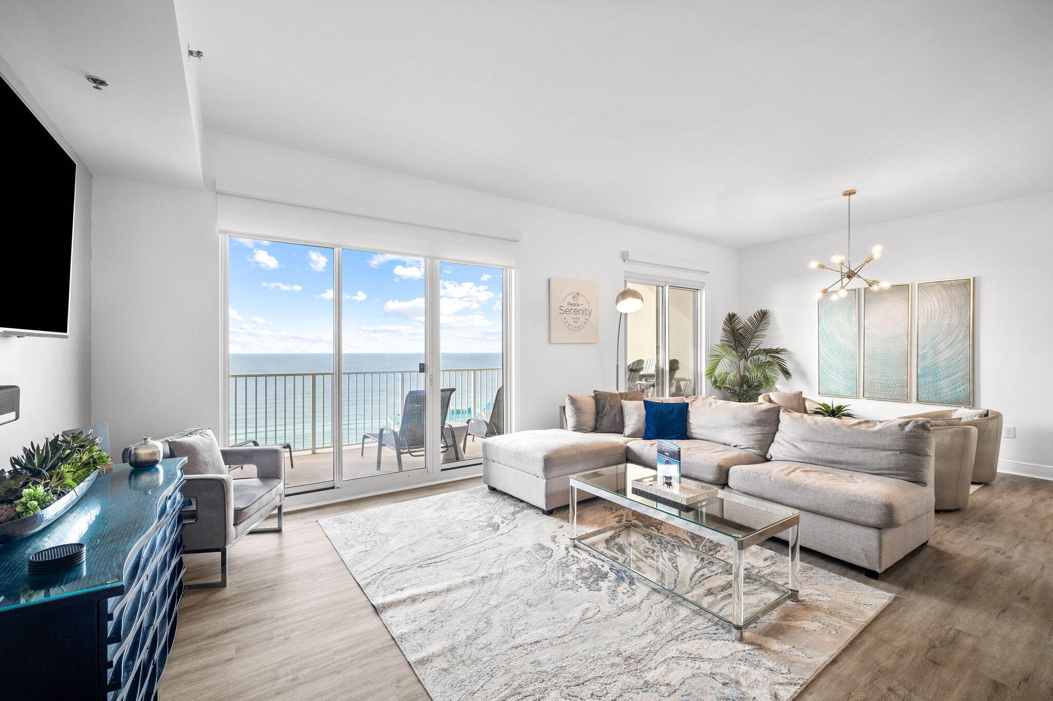 This stunning 4B/4B Penthouse Condo with breathtaking, panoramic views of the Gulf will have you at H E L L O! Enjoy the pristine views from your living room, dining room and primary bedroom or step onto one of two balcony's offering a mesmerizing scene from sunrise to sunset! Rarely does a property of this caliber with it's high-end design, tasteful finishes, and unique floor plan become available. This priceless gem is located in Seascape Resort, a gated community that offers a 2000 ft private beach, golf, tennis, pickleball, multiple pools, and Cabana Cafe restaurant/bar on the ground floor!  This turnkey fully furnished property will make an excellent rental investment, second home or primary residence. Buyer and Buyers agent to verify all information Herein