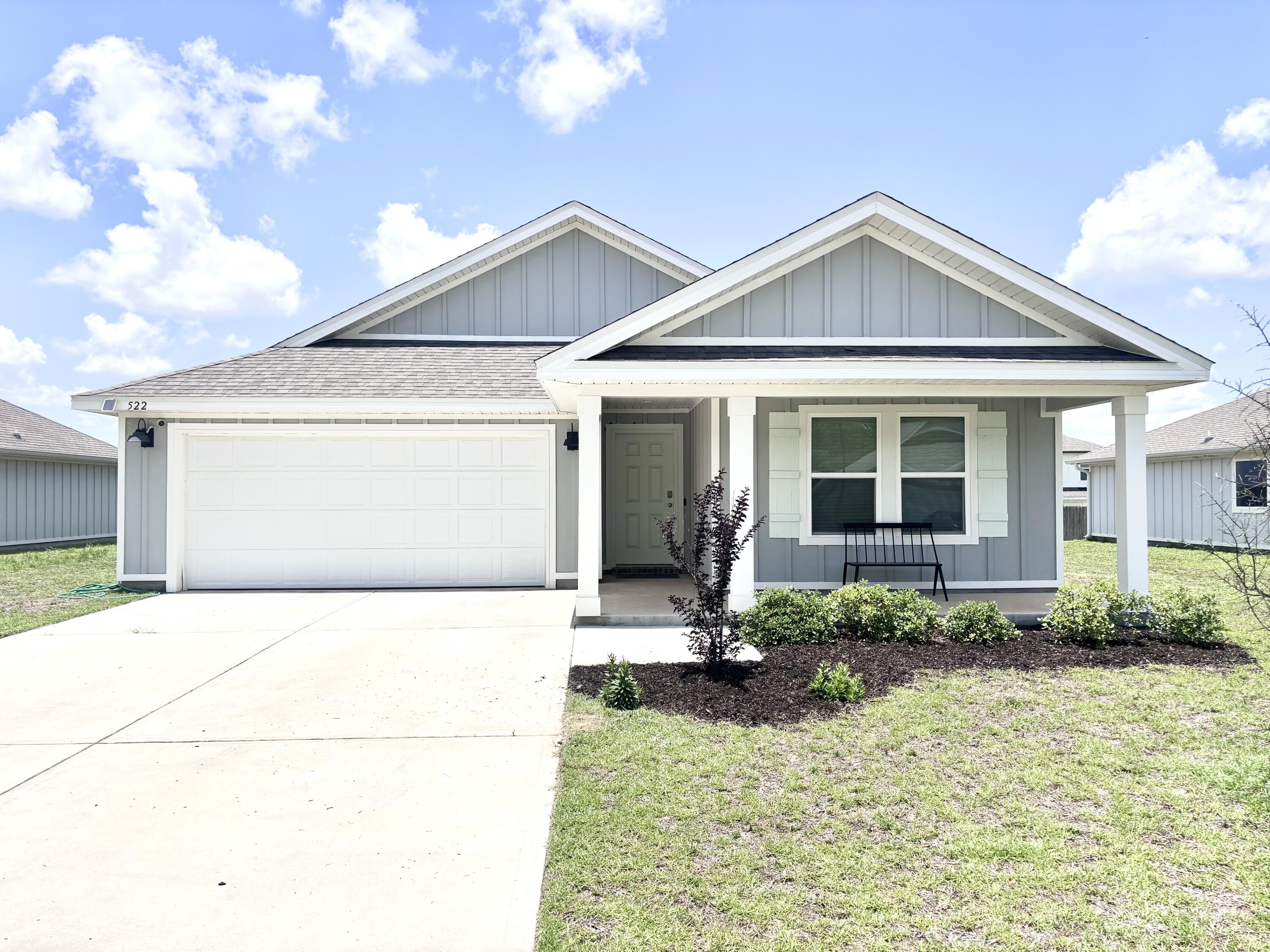 FABULOUS brand-new design, the ''Lakeside'' floorplan Shoal River Landing Community. Fast Growing Crestview area. This highly desirable newer floorplan provides an awesome OPEN concept, no wasted space, 5 beds, 3 baths, nice covered back patio & 2 car garage. Well-designed kitchen with granite countertops, new daylight fixtures, freshly painted,  beautiful stainless appliances, smooth top range, quiet dishwasher, built in microwave & a spacious dining area. Striking (EVP) wood look flooring, plush carpet in the bedrooms. The Smart Home Connect System includes several convenient devices. Popular durable Hardie board exterior adds charm to the classic craftsman exterior. Newer fence in backyard and Stylish curb appeal. Easy drive to the airport, military base, beaches at Ft. Walton, Destin & minutes to 'Blackstone Golf Course.