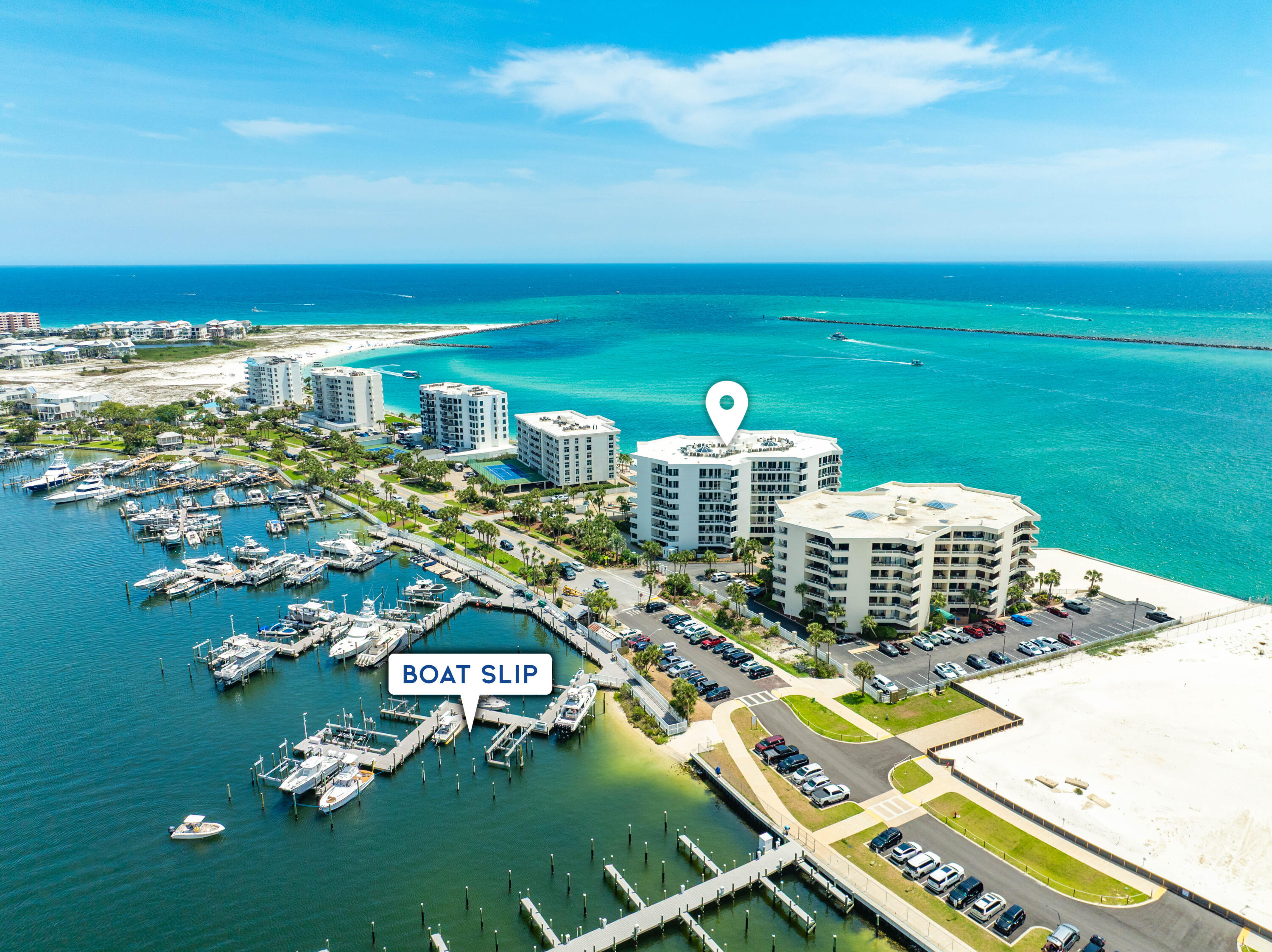 Penthouse Unit 726 at 110 Gulf Shore Drive presents a rare opportunity to enjoy the best of waterfront and beachside living in one exceptional property! DEEP-WATER BOAT SLIP can be purchased separately! Located within a non-short-term rental community, this residence offers a peaceful, owner-focused atmosphere along with an impressive collection of amenities. SIRS and Milestone reports completed and all assessments paid.

Providing convenient access to the Gulf and surrounding waterways for boating enthusiasts. Equally impressive is the expansive outdoor living space, featuring more than 600 square feet of balcony space ideal for dining, entertaining, or simply enjoying the coastal views and sea breeze.

Residents enjoy access to a private beach, beautifully maintained grounds, and a prime location near the area's renowned dining, shopping, and recreational attractions. Whether you're seeking a primary residence or a second home, Penthouse Unit 726 offers an exceptional coastal lifestyle with the rare combination of private beach access, deep-water boating, and generous outdoor living space.
