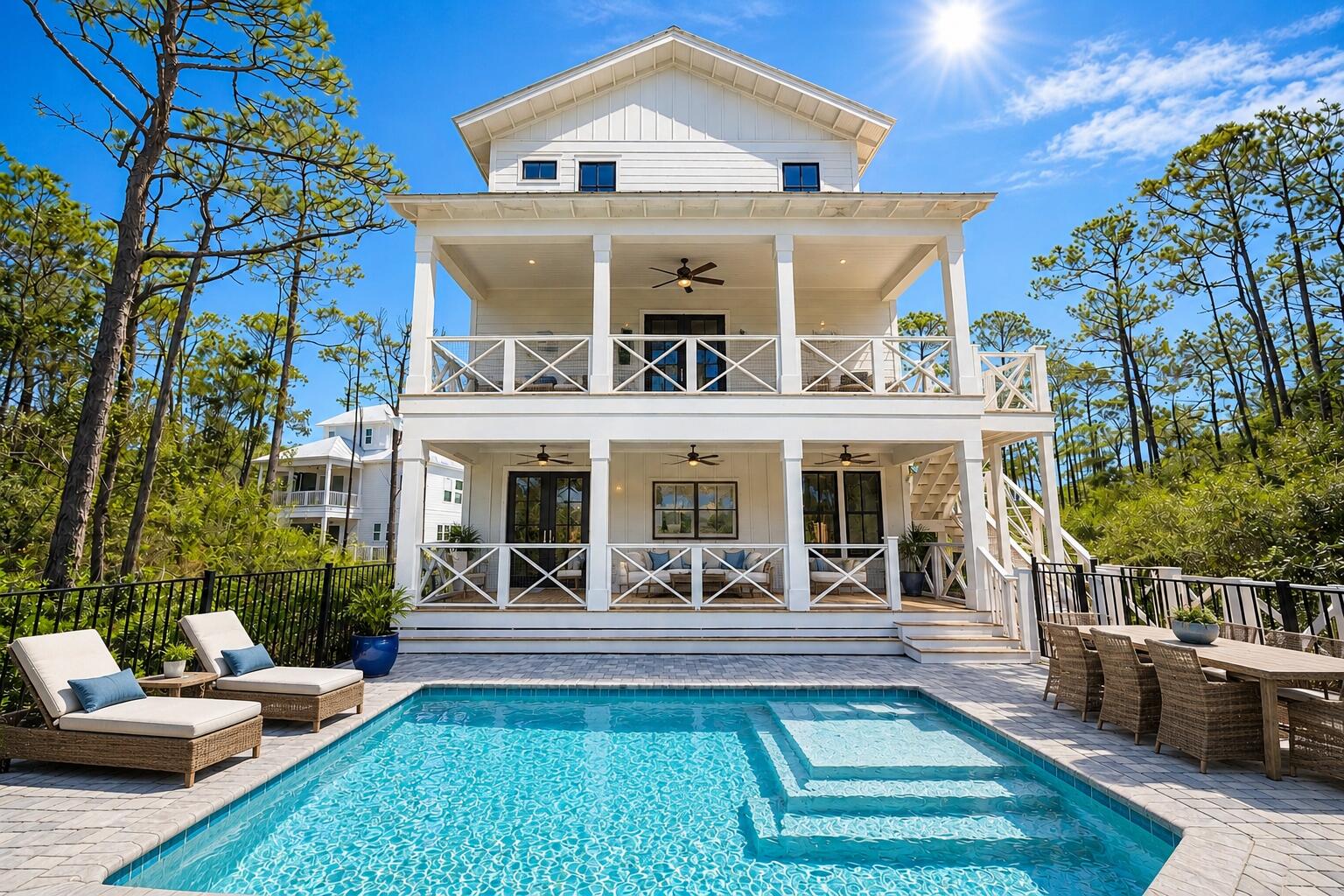 Brand new - 5 bedroom, 5.5 bath house in gated Treetops neighborhood adjacent to Seacrest with excellent rental projections ($125,,000+) and deeded beach access just half a mile away. (Beach shuttle picks up at the house) Enjoy a coastal chic, open concept design perfect for entertaining. The main floor (second floor) includes the living room, dining room, kitchen and laundry room. The first floor includes a two-car garage, entry way and two guest suites with private bathrooms. The third floor includes the spacious master suite with a luxurious master bathroom and a huge closet. The third floor also hosts two additional guest suites with private bathrooms. Treetops offers direct access to both 30A and Hwy 98 with easy access to Rosemary, Seacrest and Alys Beach.