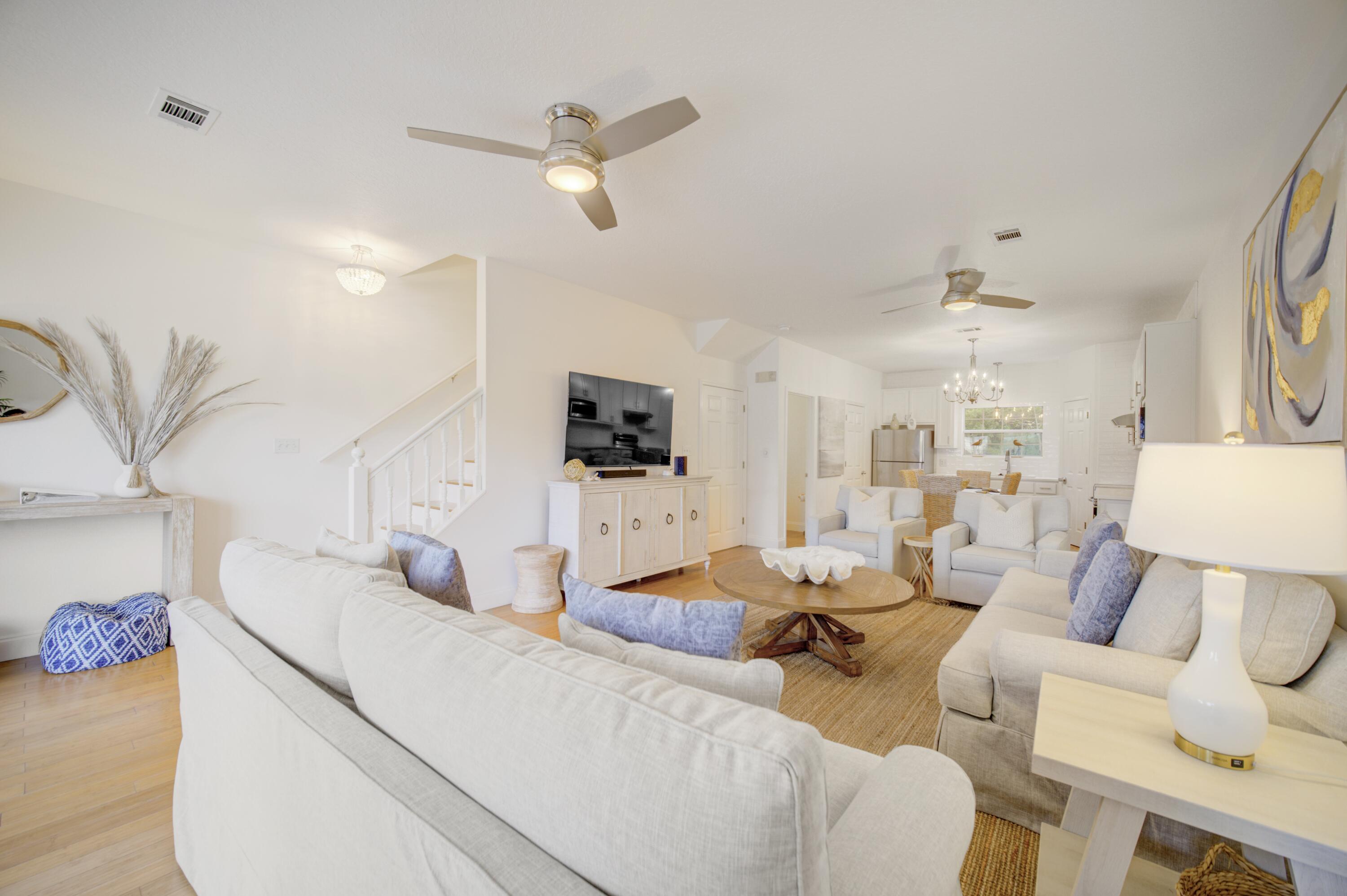Welcome to the Legends on 30A, a refined coastal retreat where classic charm meets effortless modern living. Wake each morning to serene ocean views from the third-floor bedroom as sunlight pours through vaulted ceilings in the primary suite, complete with a private balcony. This beautifully updated 2-bedroom, 2.5-bath home showcases natural hardwood floors throughout and an inviting open-concept layout designed for connection and comfort. The kitchen has stainless steel appliances and white shaker cabinetry, ideal for both casual meals and entertaining. The spacious living area flows seamlessly onto a large deck, perfect for entertaining. Exterior renovation complete with windows and doors. Rare for 30A, the property includes covered parking and owners storage. Buyer to verify dimensions.