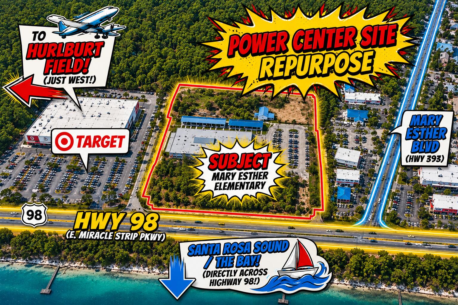 Power Center Site! Positioned directly along the high-traffic US Highway 98 corridor, this
prominent 20+/- acre property presents a rare commercial acquisition, redevelopment, and
adaptive-reuse opportunity in Mary Esther. Located adjacent to Target and Hampton Inn, the
property offers exceptional visibility and convenient access to Fort Walton Beach, Hurlburt
Field, surrounding, beaches, bays commercial and residential areas, and destinations throughout
the Emerald Coast. The site includes developed existing school that was in operation in 2026.
The buildings combined are approximately 53,186 square feet with existing improvements,
offering potential for repurposing or integration into a larger redevelopment vision. With prime
frontage along E. Miracle Strip Parkway ( US Hwy 98) and potential access extending to
Hollywood Boulevard, the property provides the scale, exposure, and connectivity to
accommodate a variety of future concepts. Currently zoned Public Use and adjoining C-1, C-2,
and residential zoning, the site may offer potential for commercial power center, hospitality,
multifamily, mixed-use, medical, senior-living, or other redevelopment opportunities, subject to
rezoning and all applicable land-use regulations and governmental approvals. Creative site
planning and evaluation of the property's developed and undeveloped acreage may provide
additional opportunities to maximize the site's potential. Property will be conveyed subject to
deed restrictions prohibiting future use as a school. Bring your engineer and development paint
brush to Mary Esther, Ft Walton Beach area today!