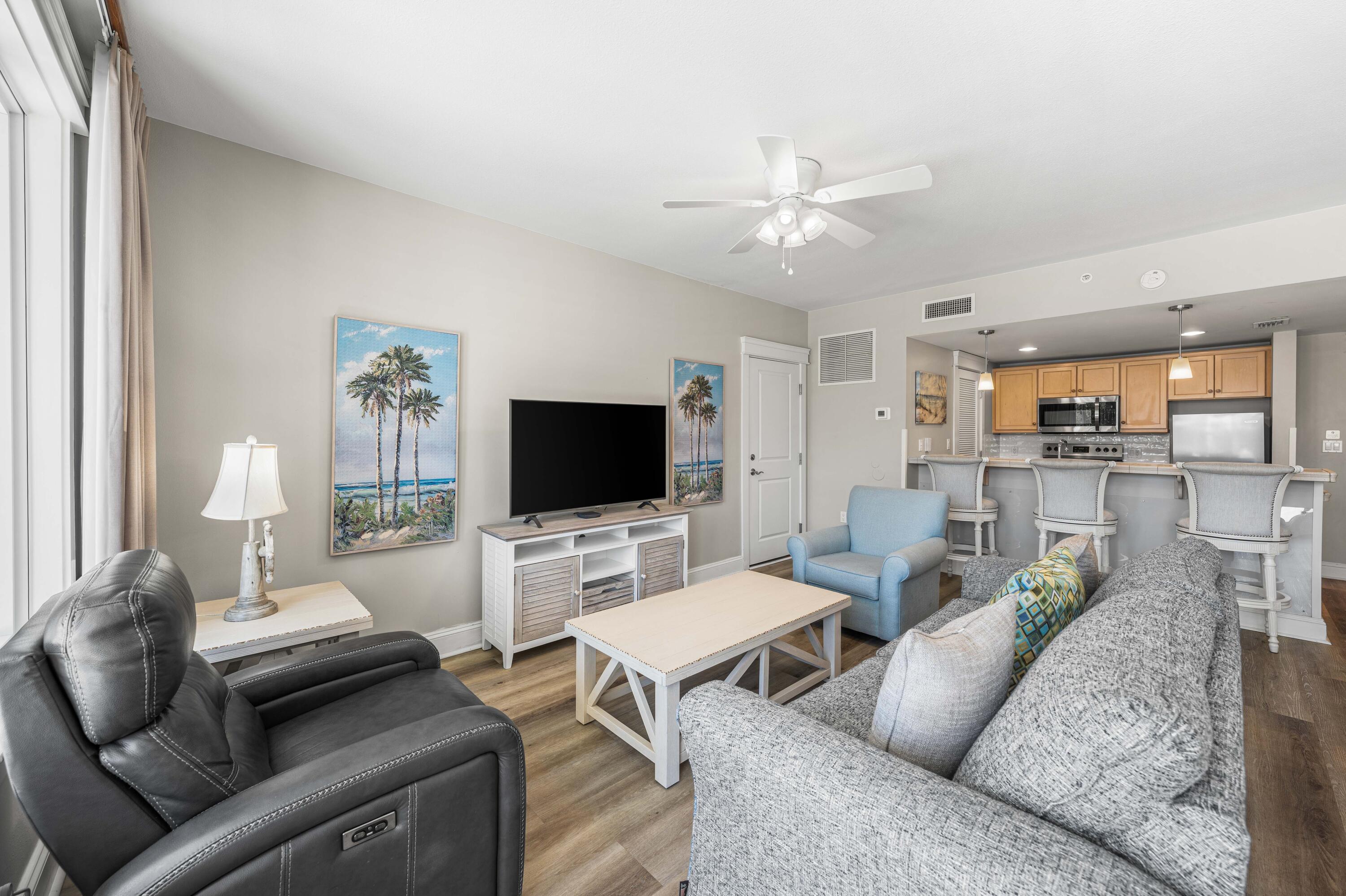 With one of the biggest balconies in Sandestin, this unit delivers the kind of outdoor living you won't find in most condos. Take in the tranquil views of the Grand Courtyard and Choctawhatchee Bay. This rare floor plan offers not one but two oversized balconies, giving you unmatched space for entertaining or relaxing outdoors. Inside the main condo, you'll find an open layout with easy-care luxury vinyl flooring, a fully equipped kitchen with stainless steel appliances and subway tile backsplash, plus a sleeper sofa and full bath for guests. The master suite features a king bed and double-vanity bath. Recent upgrades include a new A/C system, new water heater, and all-new furniture including some pieces crafted by locally sourced artisans, a true turnkey package for comfort and style. The attached lockout studio expands rental flexibility with two queen beds, a full bath, kitchenette (sink, mini fridge, microwave), and its own oversized balcony. Owners also enjoy a private storage closet and storage cage. Sandestin Golf & Beach Resort offers the full package: beach and bay access, golf, tennis, a marina, fitness center, spa, and Baytowne Wharf's shops and diningall connected by golf cart and pedestrian paths.